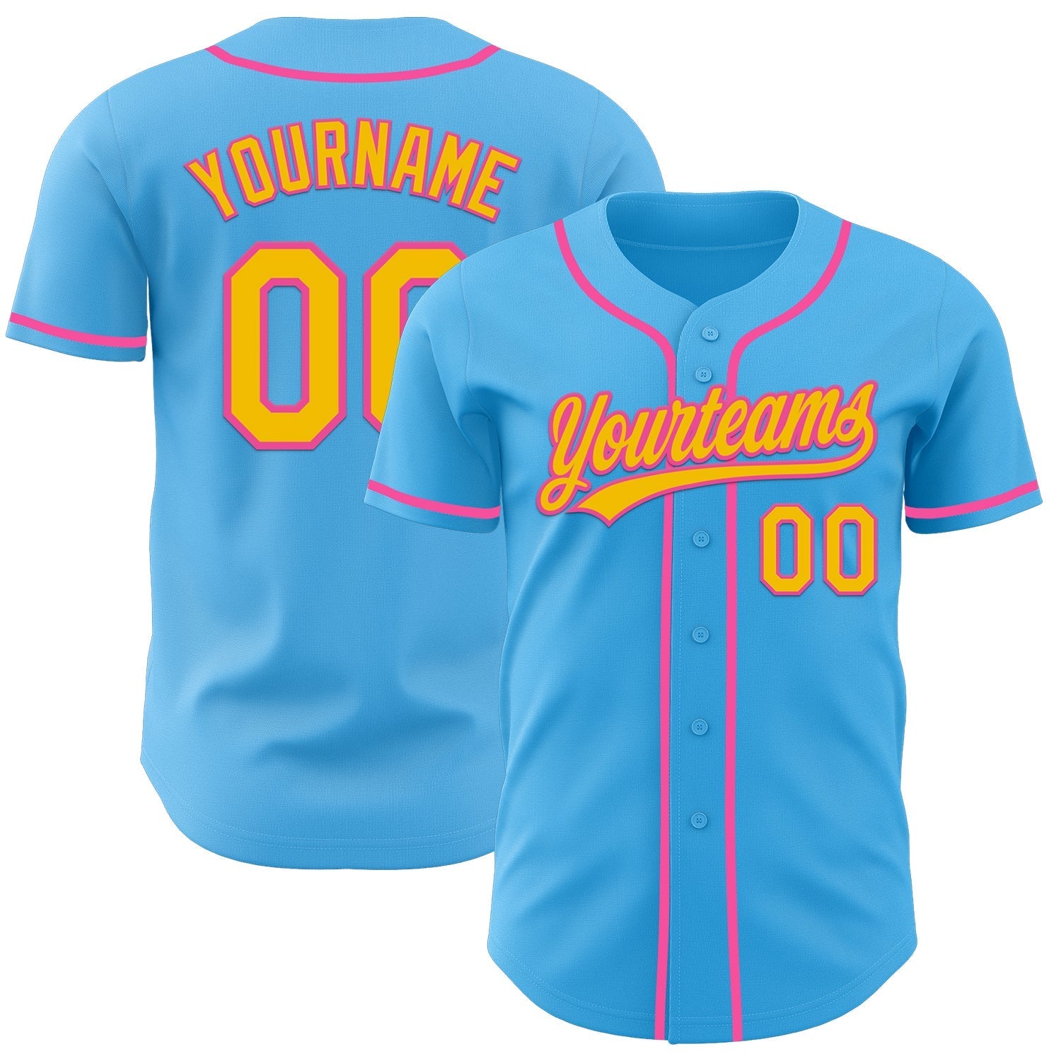 Custom Sky Blue Yellow-Pink Authentic Baseball Jersey baseball jersey product view 1