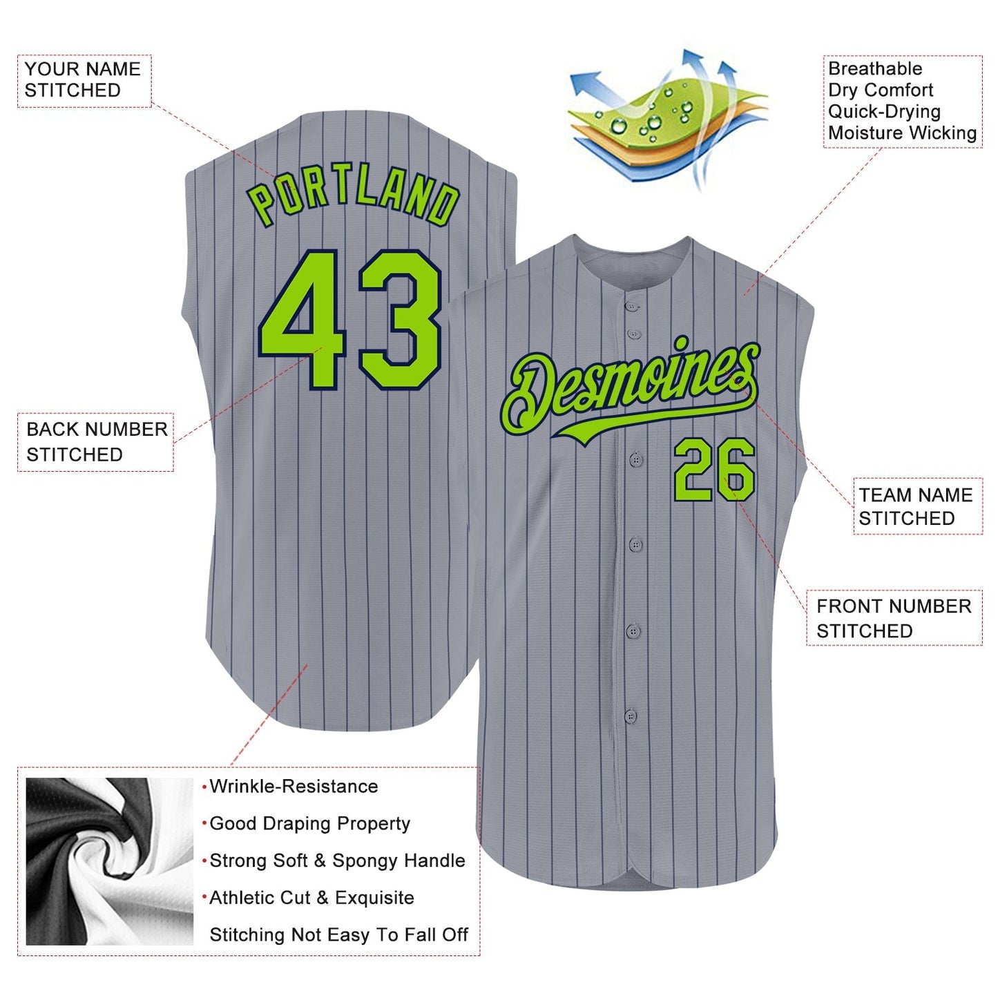 Custom Gray Navy Pinstripe Neon Green Authentic Sleeveless Baseball Jersey baseball jersey product view 2