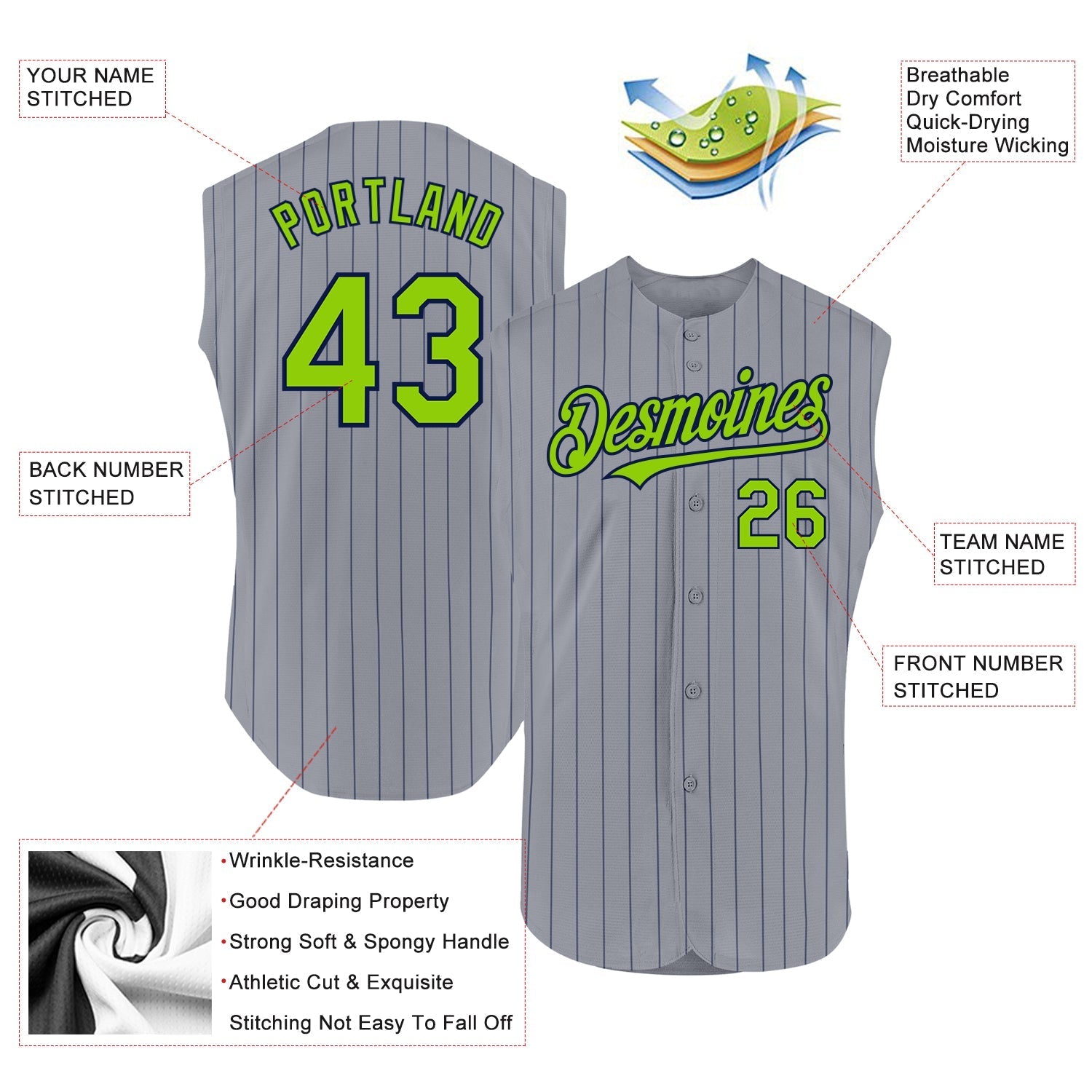 Custom Gray Navy Pinstripe Neon Green Authentic Sleeveless Baseball Jersey baseball jersey product view 2