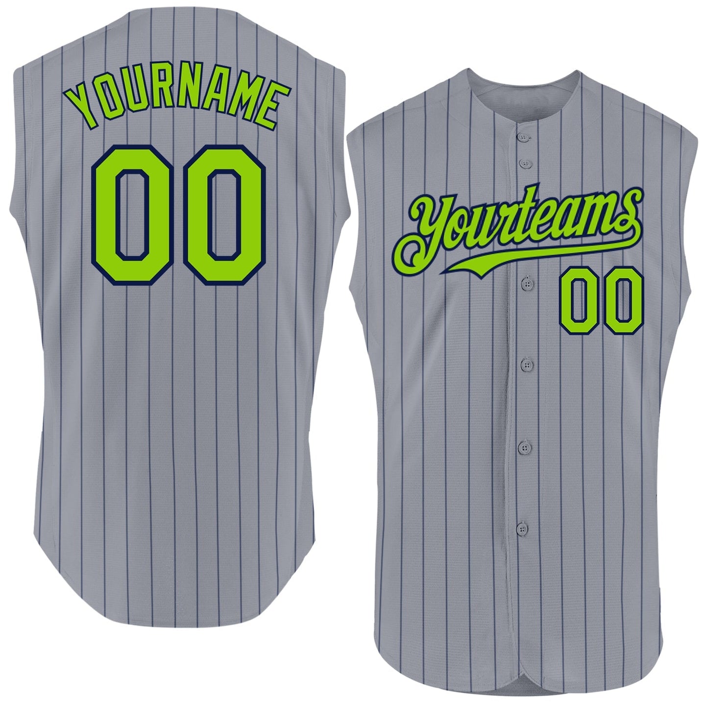 Custom Gray Navy Pinstripe Neon Green Authentic Sleeveless Baseball Jersey baseball jersey product view 1