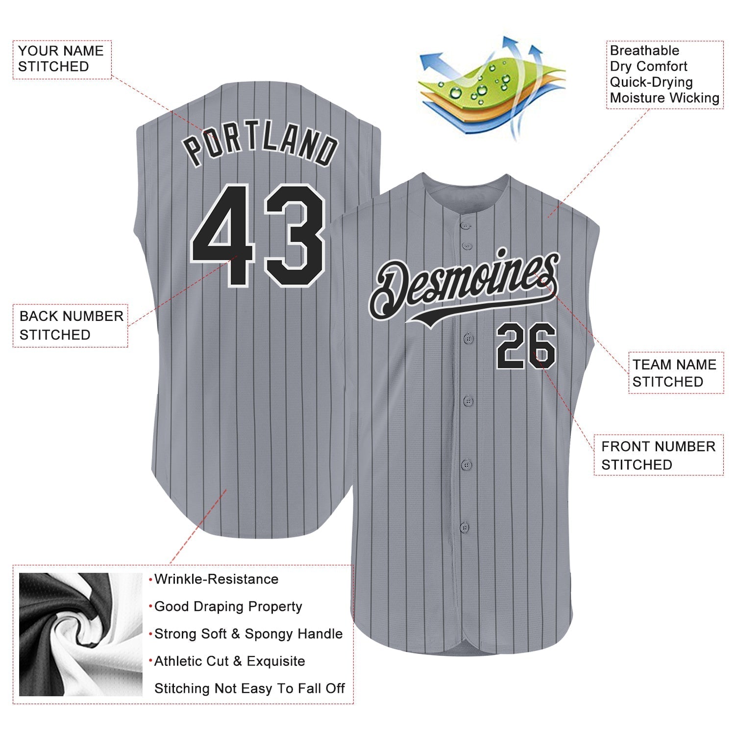 Custom Gray Black Pinstripe White Authentic Sleeveless Baseball Jersey baseball jersey product view 2