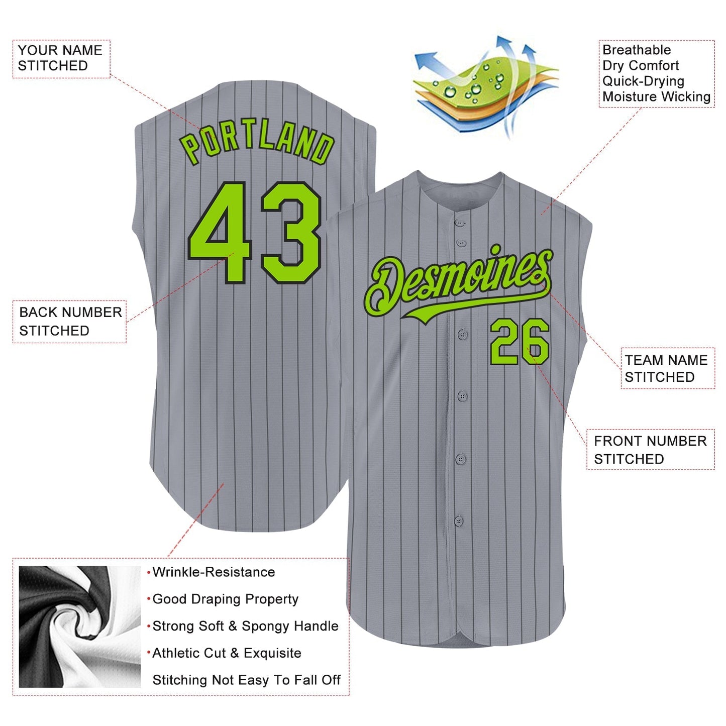 Custom Gray Black Pinstripe Neon Green Authentic Sleeveless Baseball Jersey baseball jersey product view 2