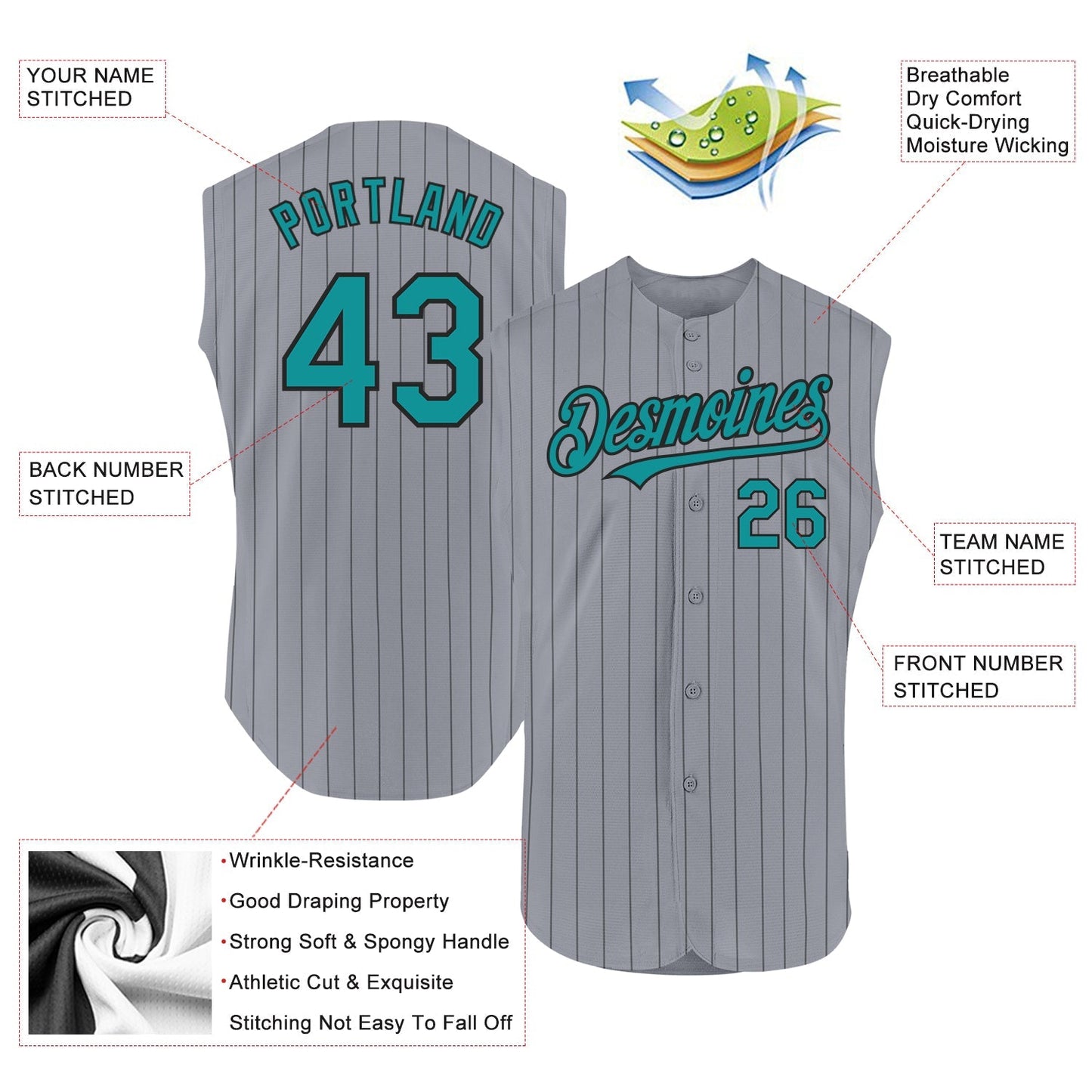 Custom Gray Black Pinstripe Teal Authentic Sleeveless Baseball Jersey baseball jersey product view 2
