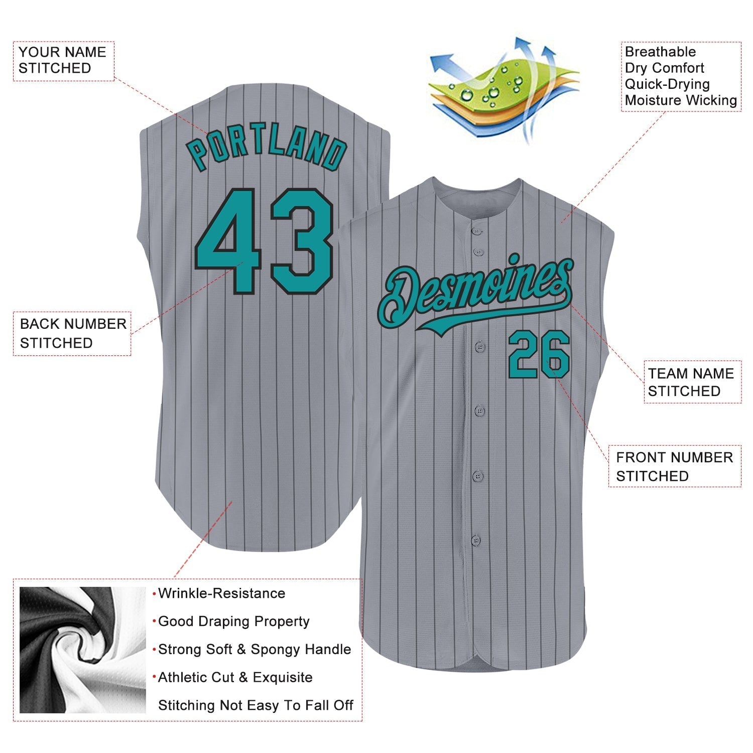 Custom Gray Black Pinstripe Teal Authentic Sleeveless Baseball Jersey baseball jersey product view 2