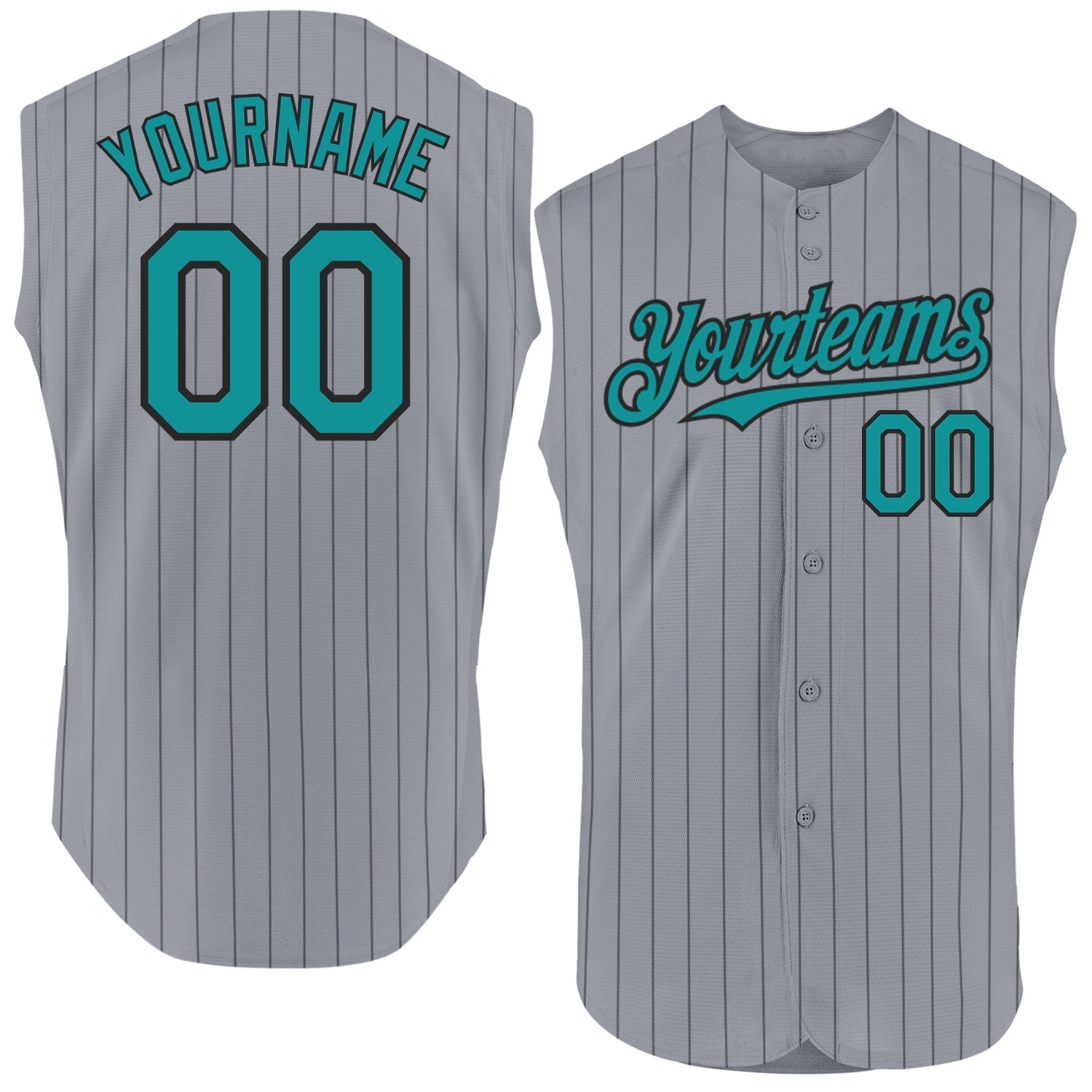 Custom Gray Black Pinstripe Teal Authentic Sleeveless Baseball Jersey baseball jersey product view 1