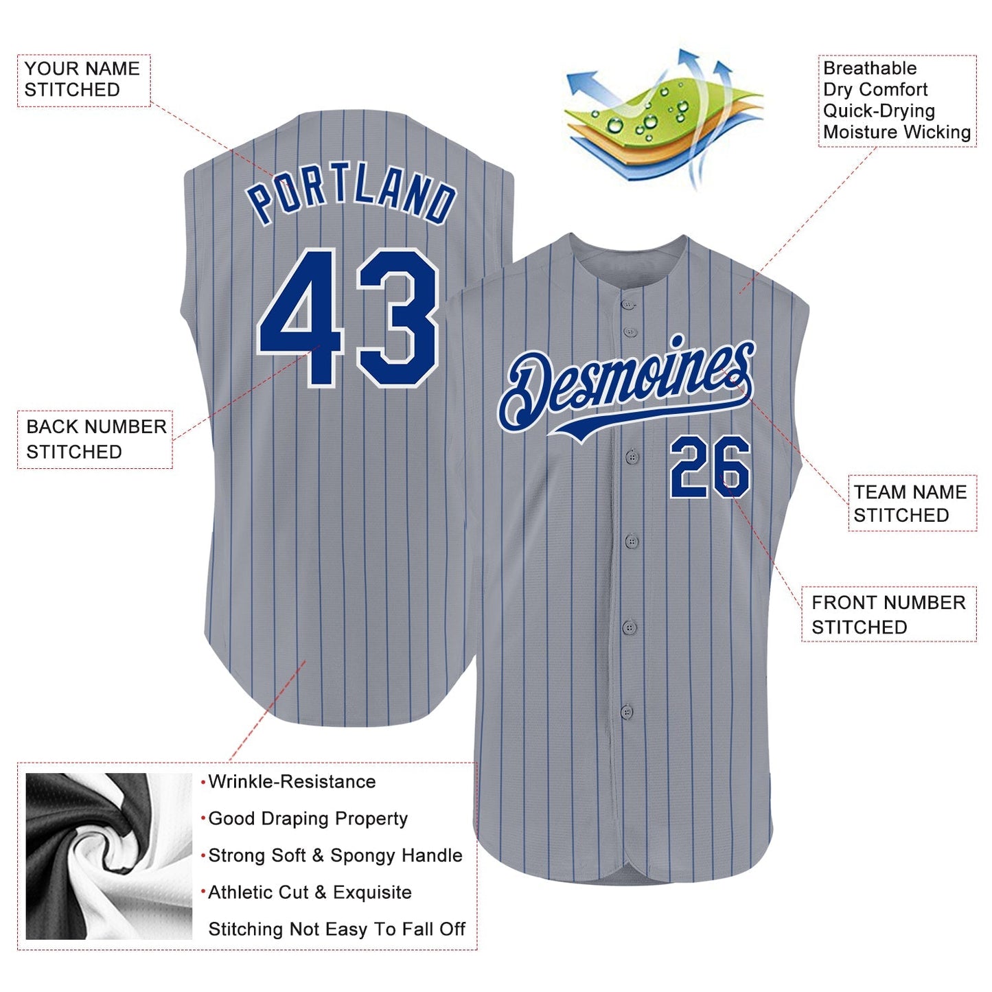 Custom Gray Royal Pinstripe White Authentic Sleeveless Baseball Jersey baseball jersey product view 2