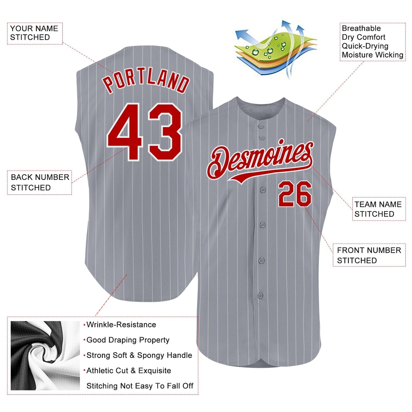 Custom Gray White Pinstripe Red Authentic Sleeveless Baseball Jersey baseball jersey product view 2