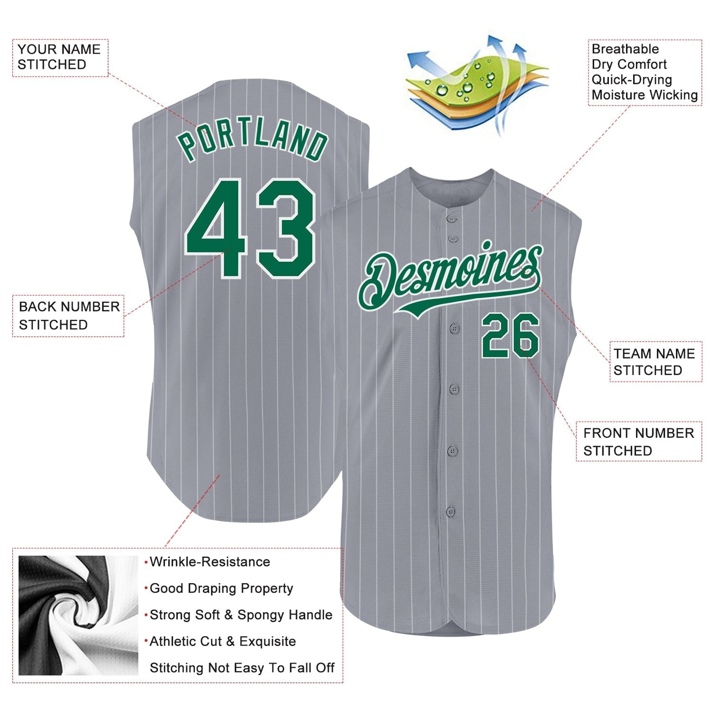 Custom Gray White Pinstripe Kelly Green Authentic Sleeveless Baseball Jersey baseball jersey product view 2