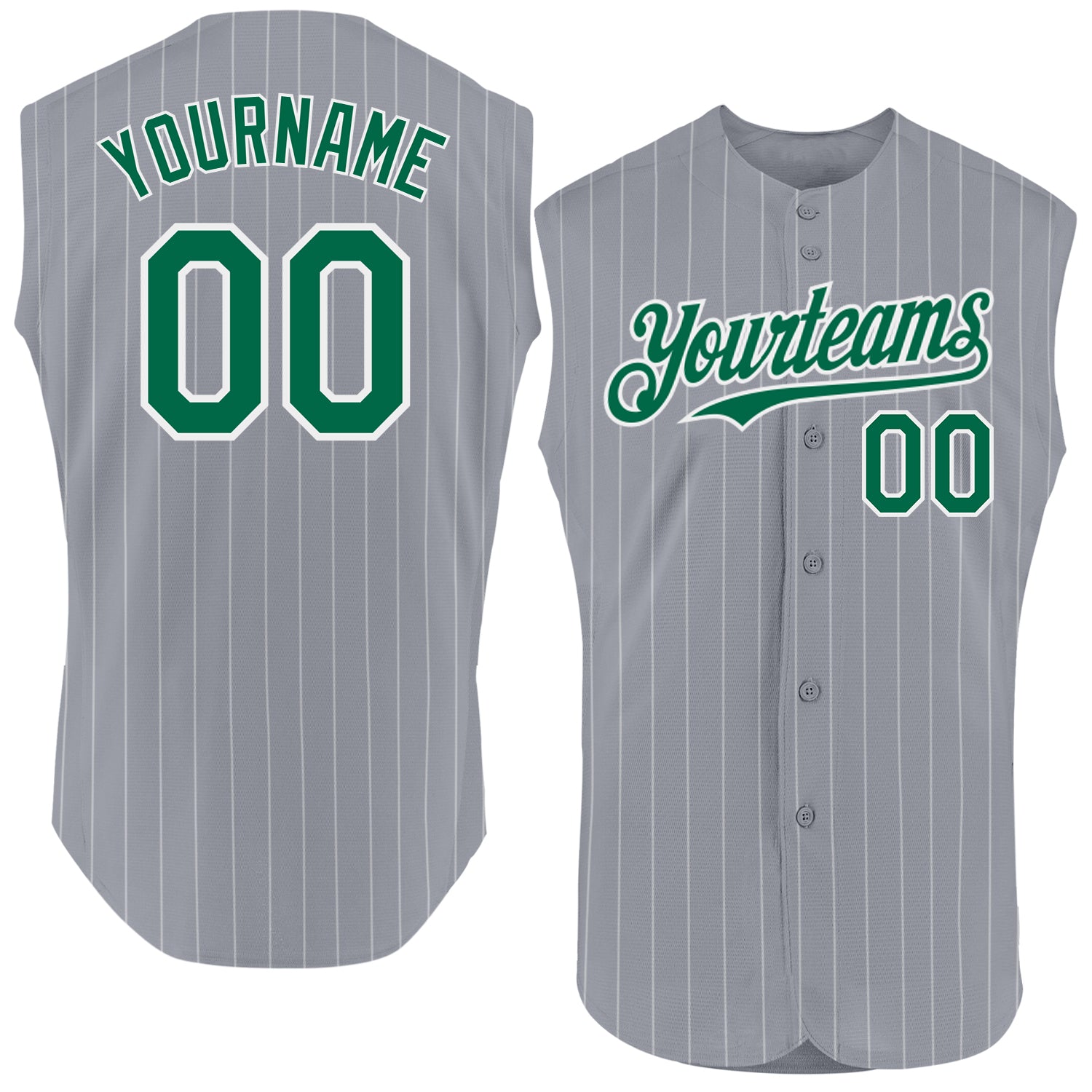 Custom Gray White Pinstripe Kelly Green Authentic Sleeveless Baseball Jersey baseball jersey product view 1