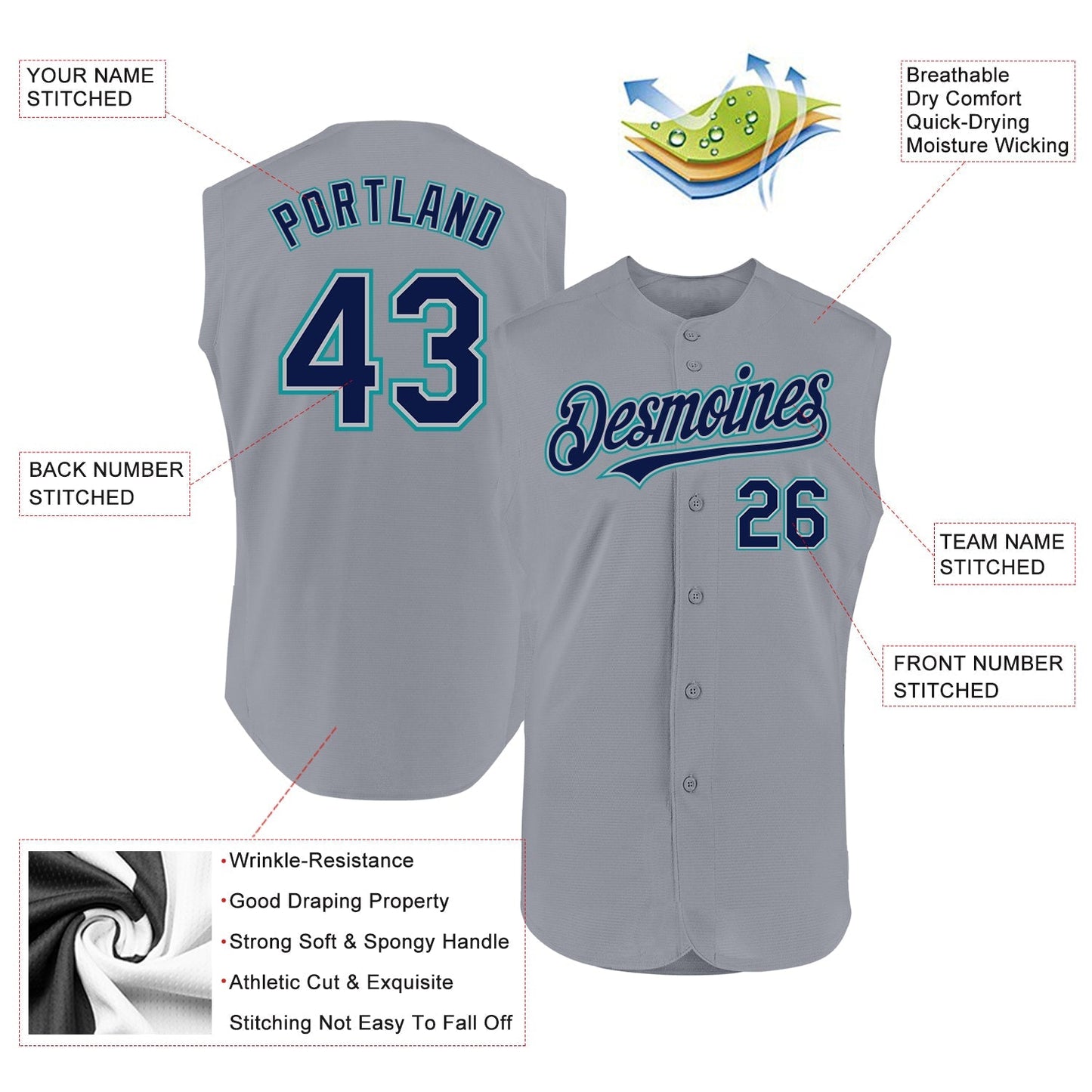 Custom Gray Navy-Teal Authentic Sleeveless Baseball Jersey baseball jersey product view 2