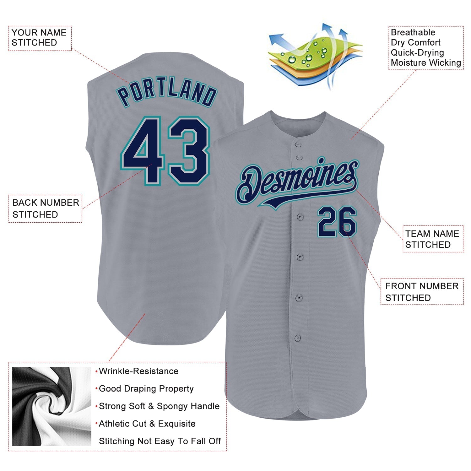 Custom Gray Navy-Teal Authentic Sleeveless Baseball Jersey baseball jersey product view 2