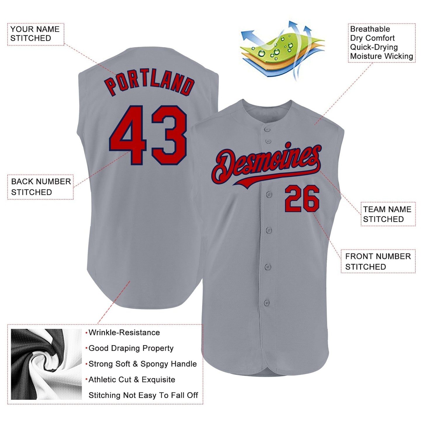 Custom Gray Red-Navy Authentic Sleeveless Baseball Jersey baseball jersey product view 2