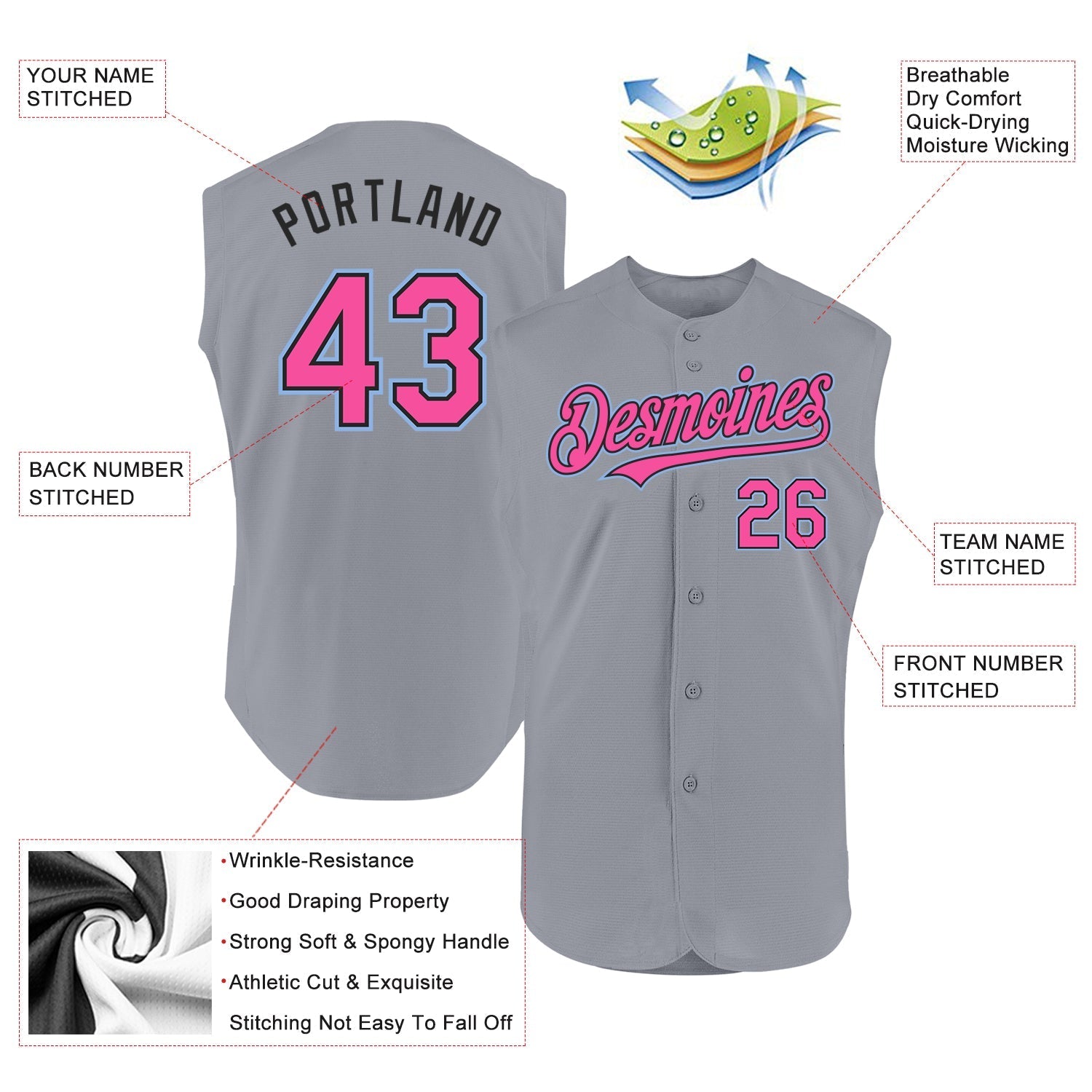 Custom Gray Pink Black-Light Blue Authentic Sleeveless Baseball Jersey baseball jersey product view 2