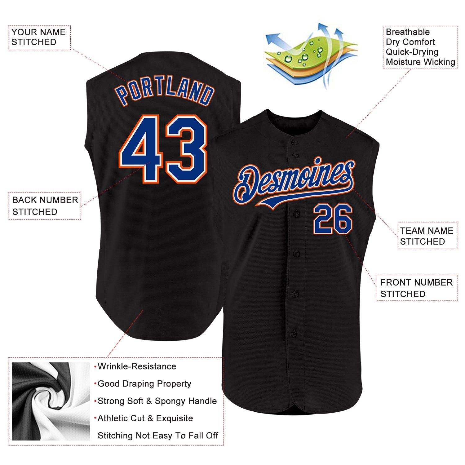 Custom Black Royal-Orange Authentic Sleeveless Baseball Jersey baseball jersey product view 2