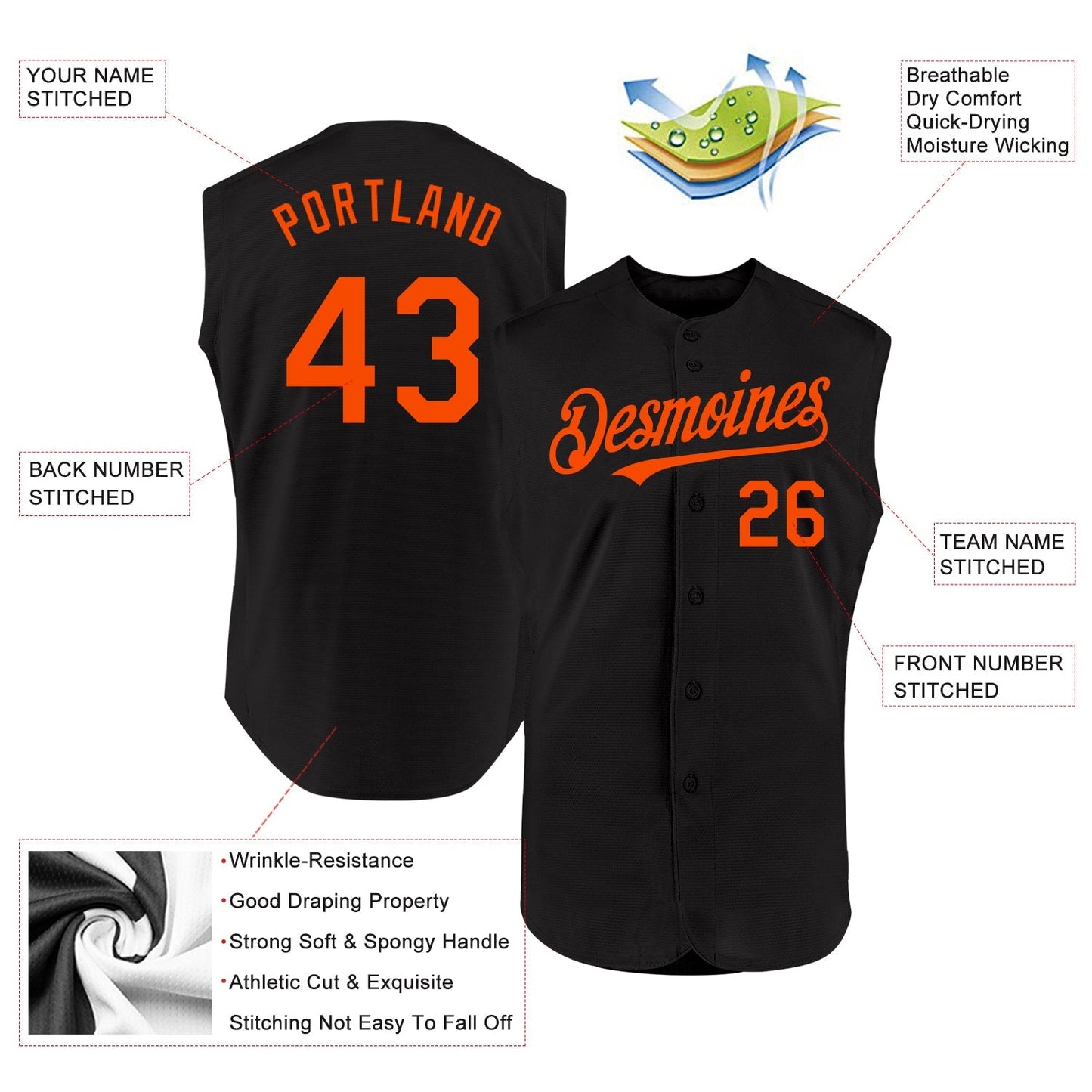 Custom Black Orange Authentic Sleeveless Baseball Jersey baseball jersey product view 2