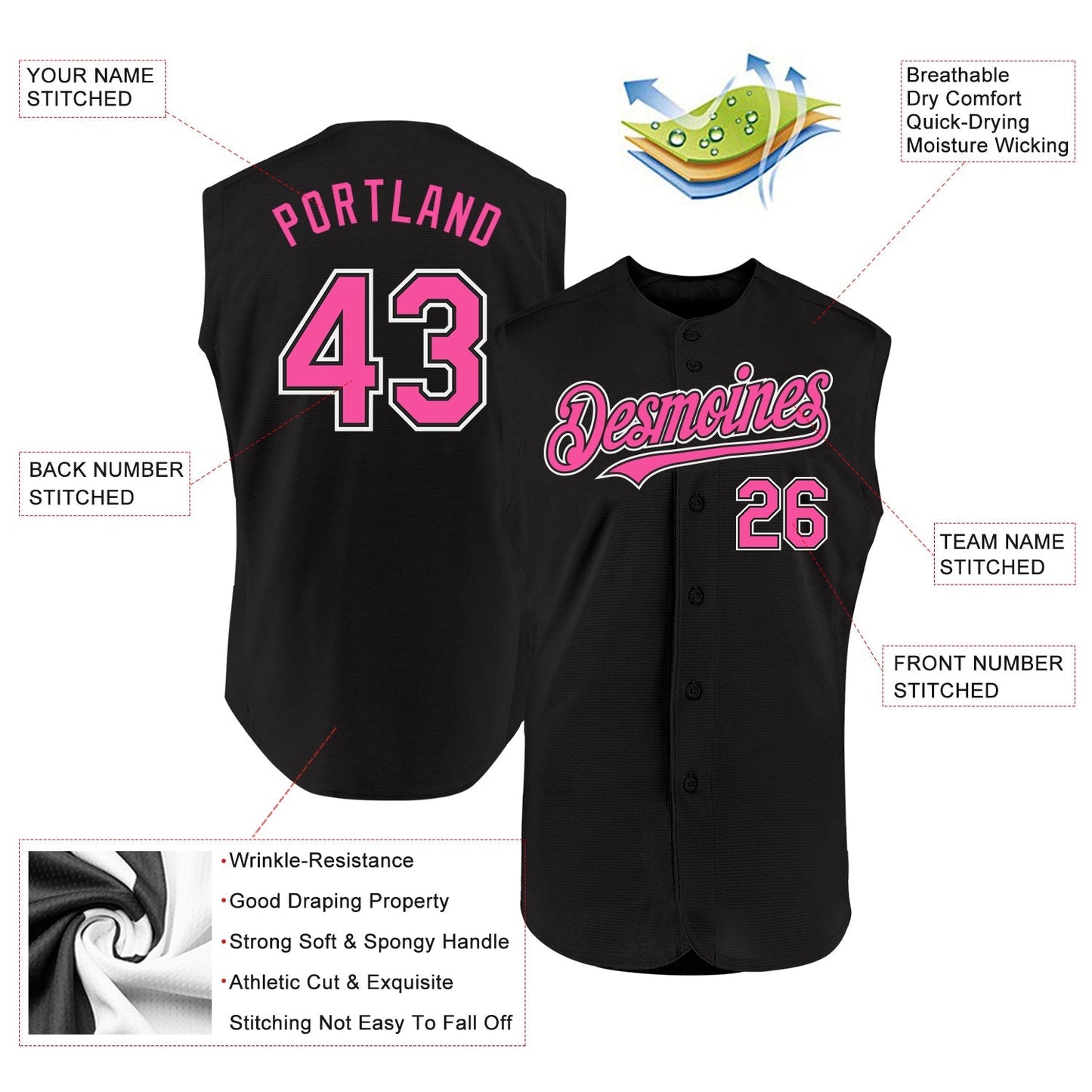 Custom Black Pink-White Authentic Sleeveless Baseball Jersey baseball jersey product view 2