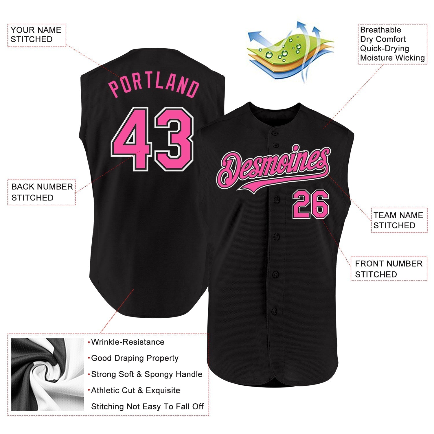 Custom Black Pink-White Authentic Sleeveless Baseball Jersey baseball jersey product view 2