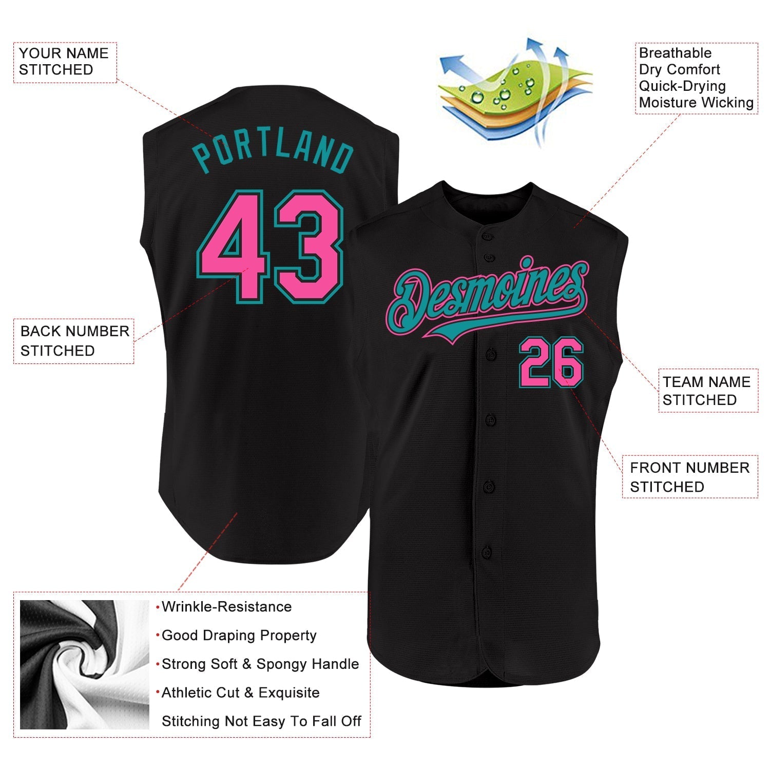 Custom Black Pink-Teal Authentic Sleeveless Baseball Jersey baseball jersey product view 2