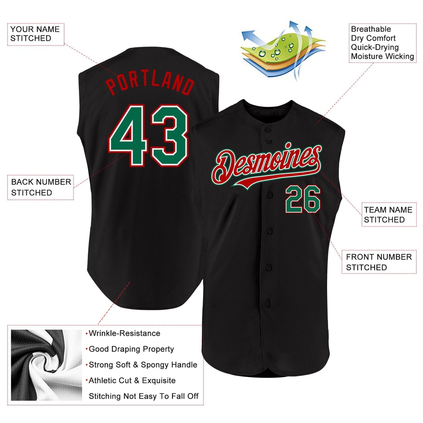 Custom Black Kelly Green-Red Authentic Sleeveless Baseball Jersey baseball jersey product view 2