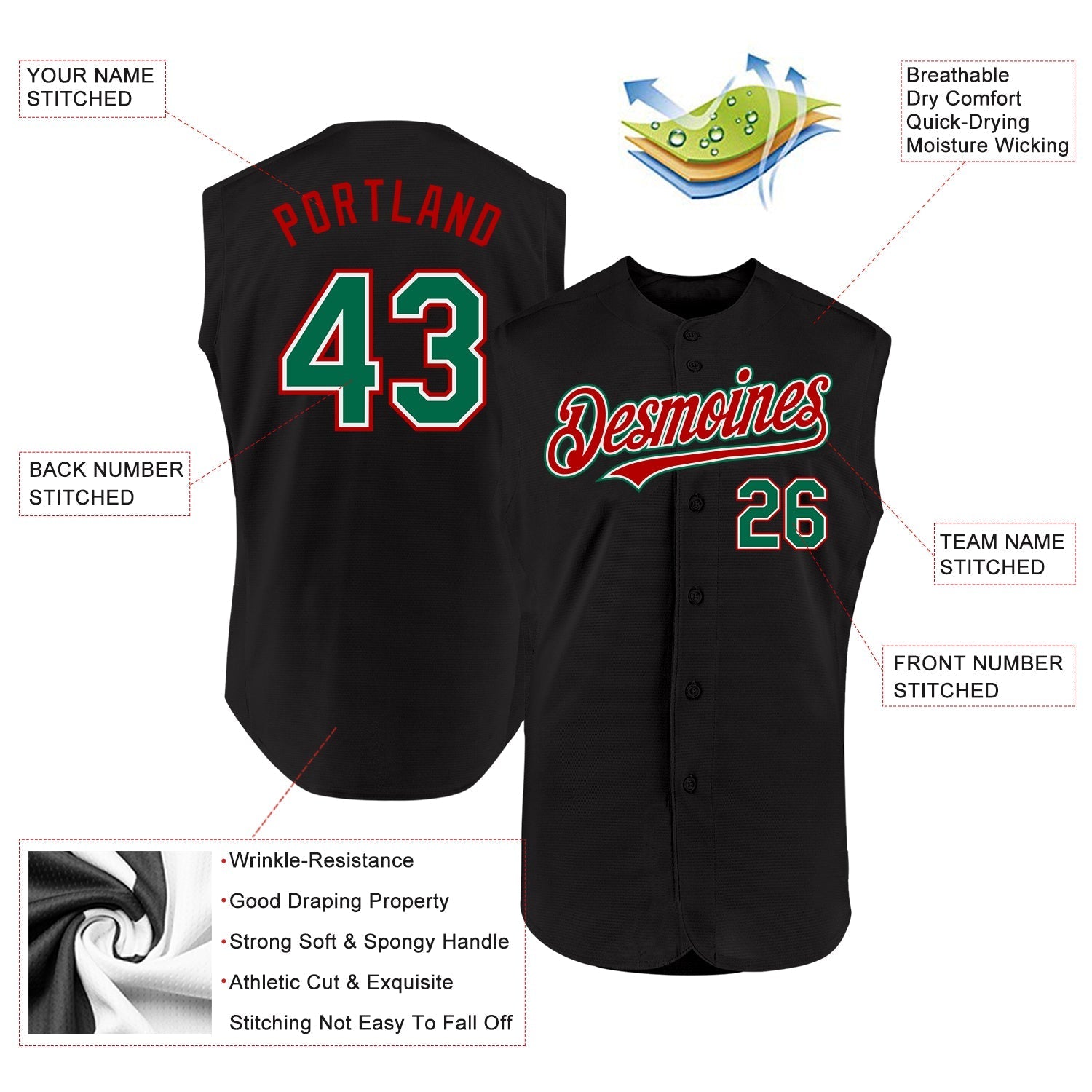 Custom Black Kelly Green-Red Authentic Sleeveless Baseball Jersey baseball jersey product view 2
