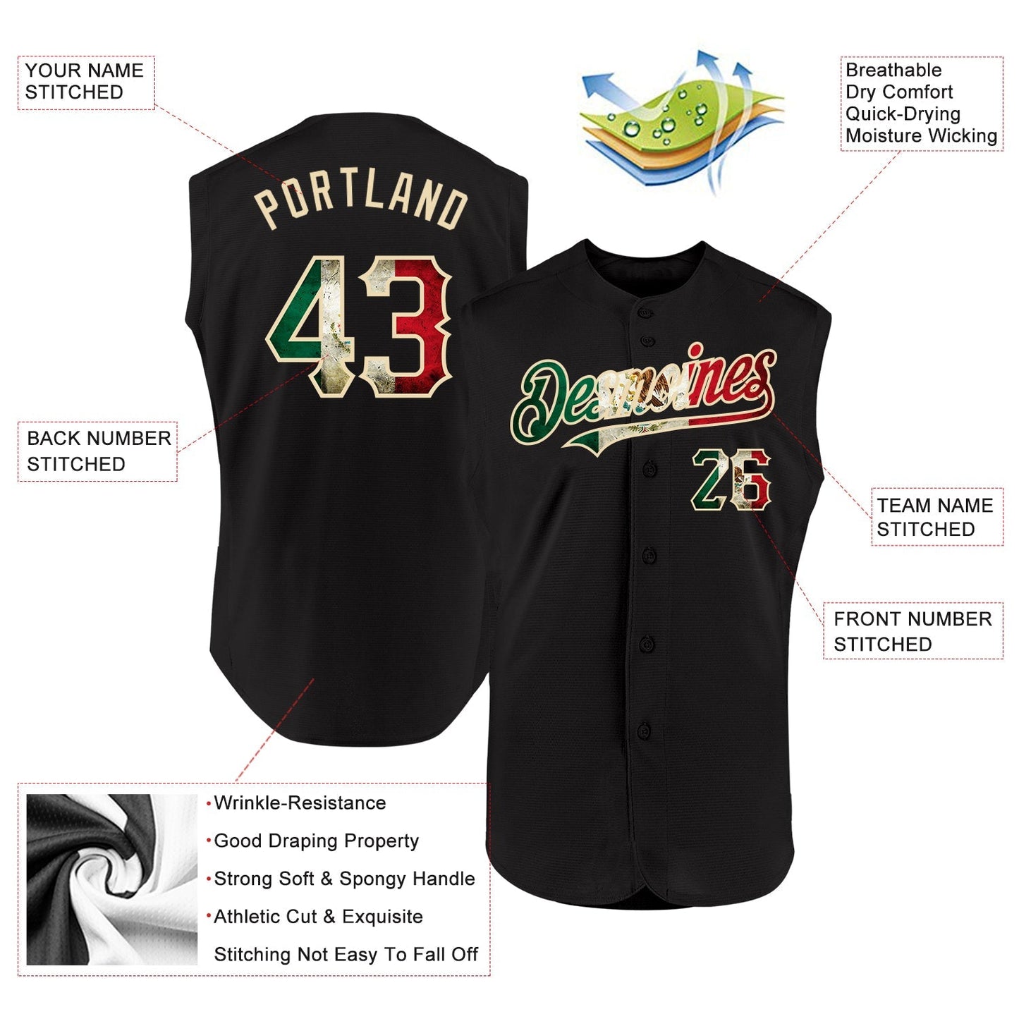 Custom Black Vintage Mexican Flag-Cream Authentic Sleeveless Baseball Jersey baseball jersey product view 2