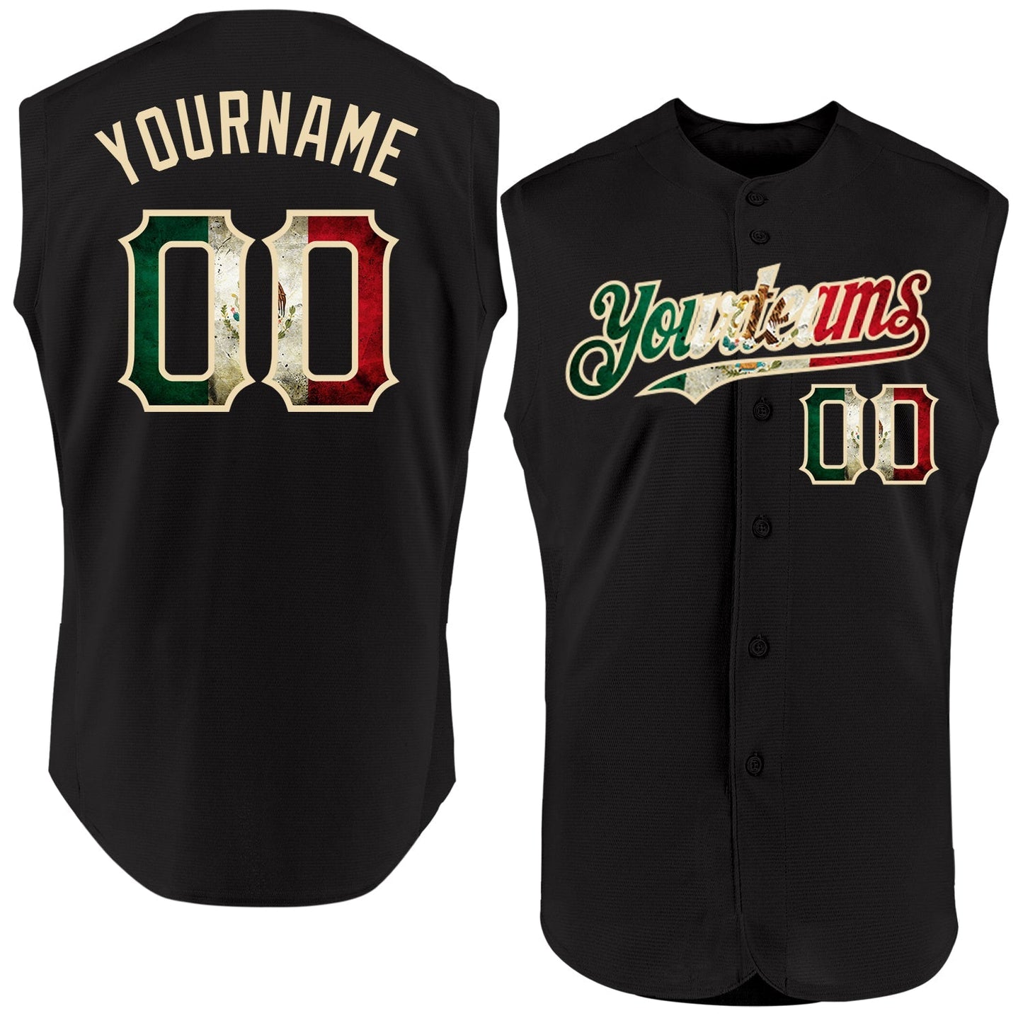 Custom Black Vintage Mexican Flag-Cream Authentic Sleeveless Baseball Jersey baseball jersey product view 1