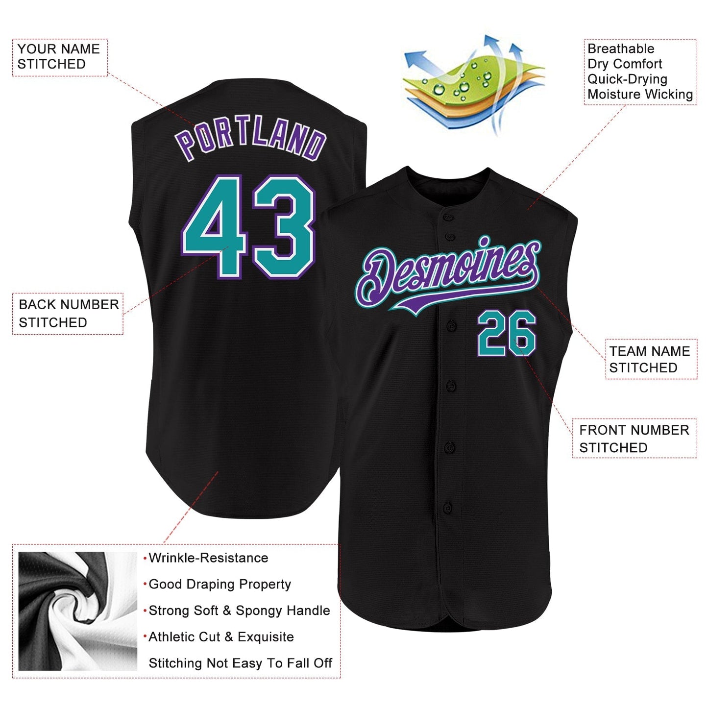 Custom Black Teal-Purple Authentic Sleeveless Baseball Jersey baseball jersey product view 2