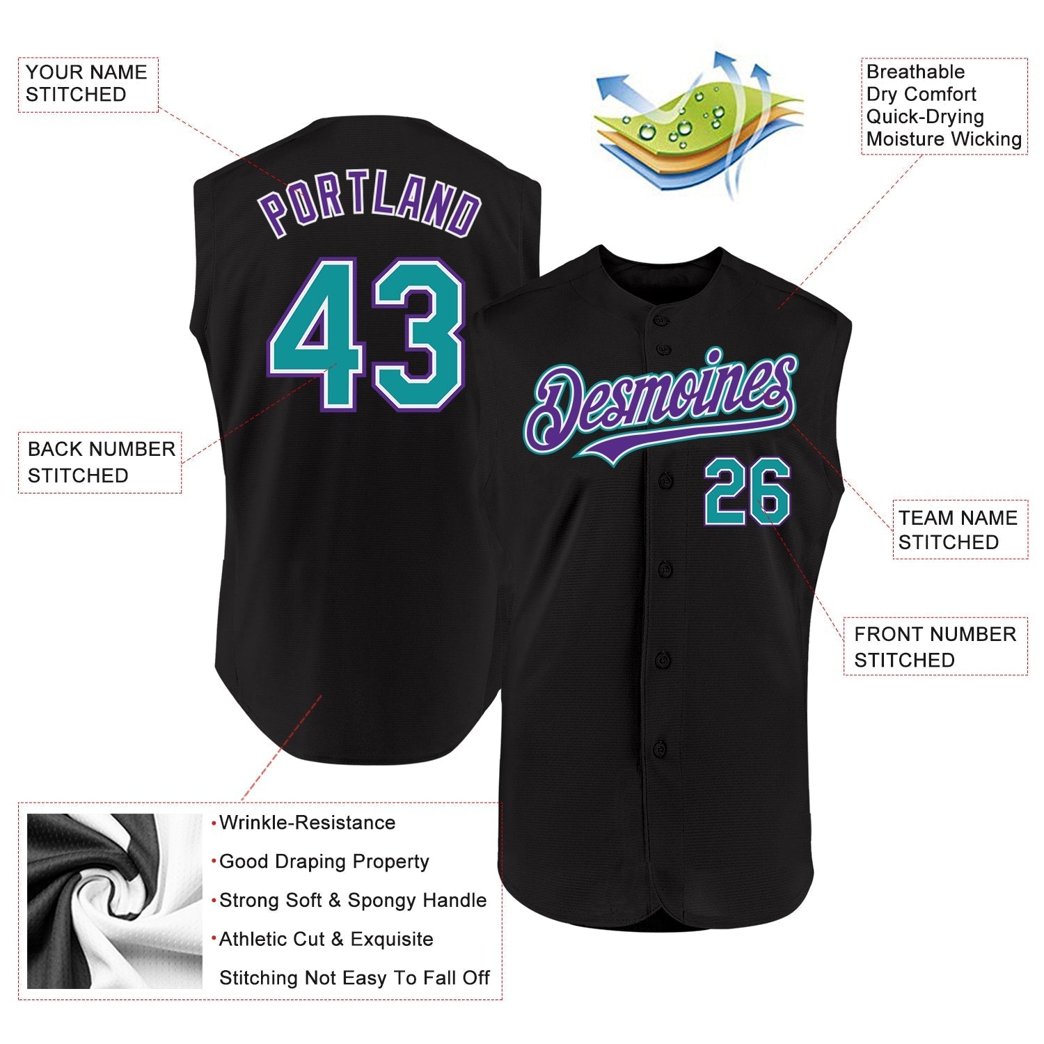 Custom Black Teal-Purple Authentic Sleeveless Baseball Jersey baseball jersey product view 2