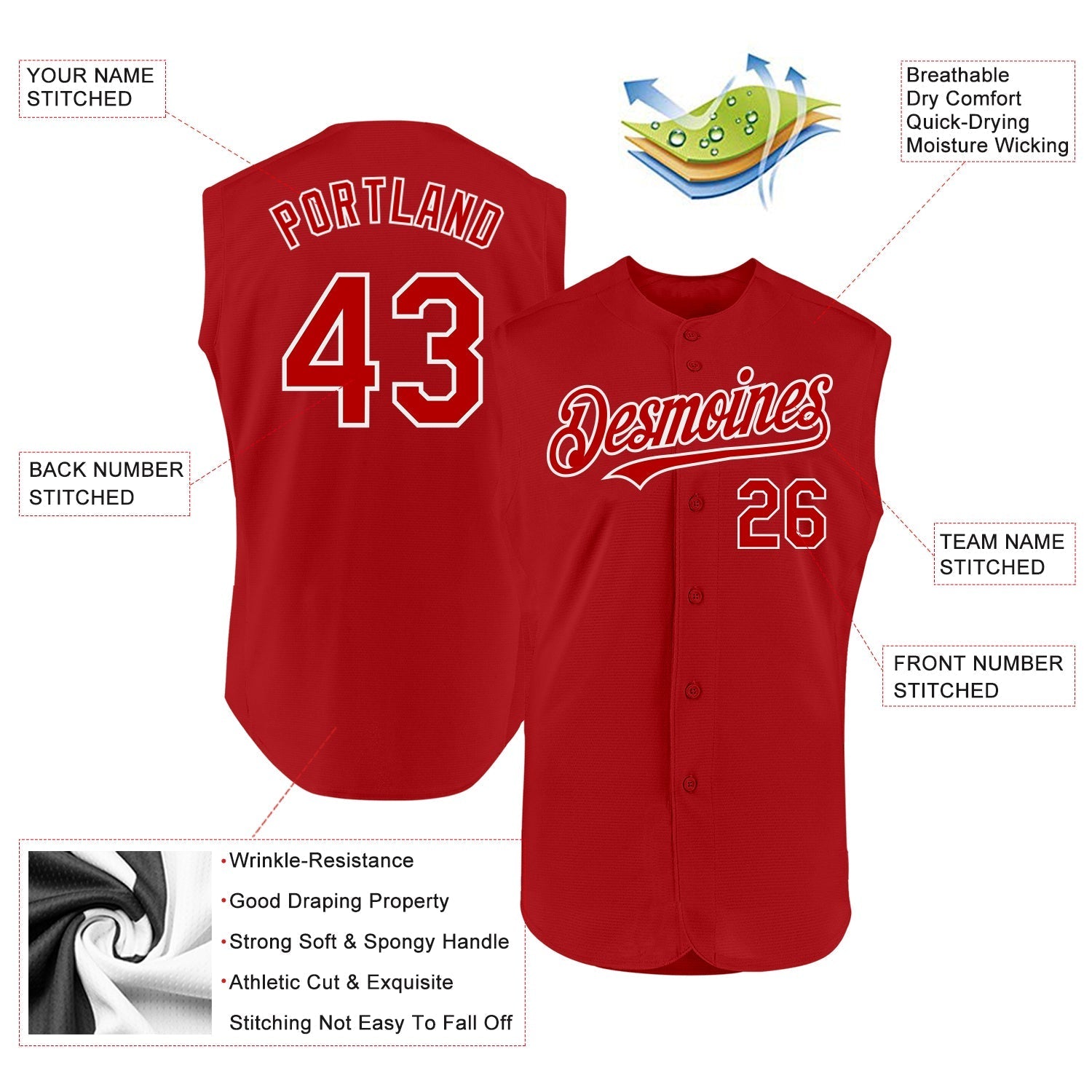 Custom Red White Authentic Sleeveless Baseball Jersey baseball jersey product view 2