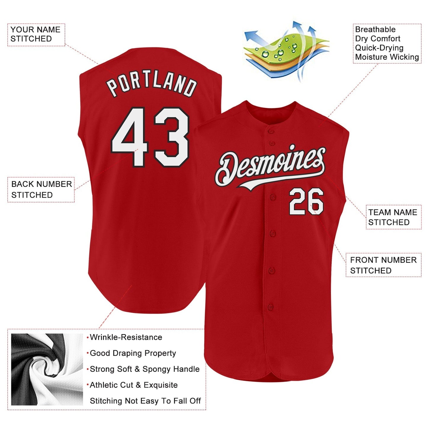 Custom Red White-Black Authentic Sleeveless Baseball Jersey baseball jersey product view 2