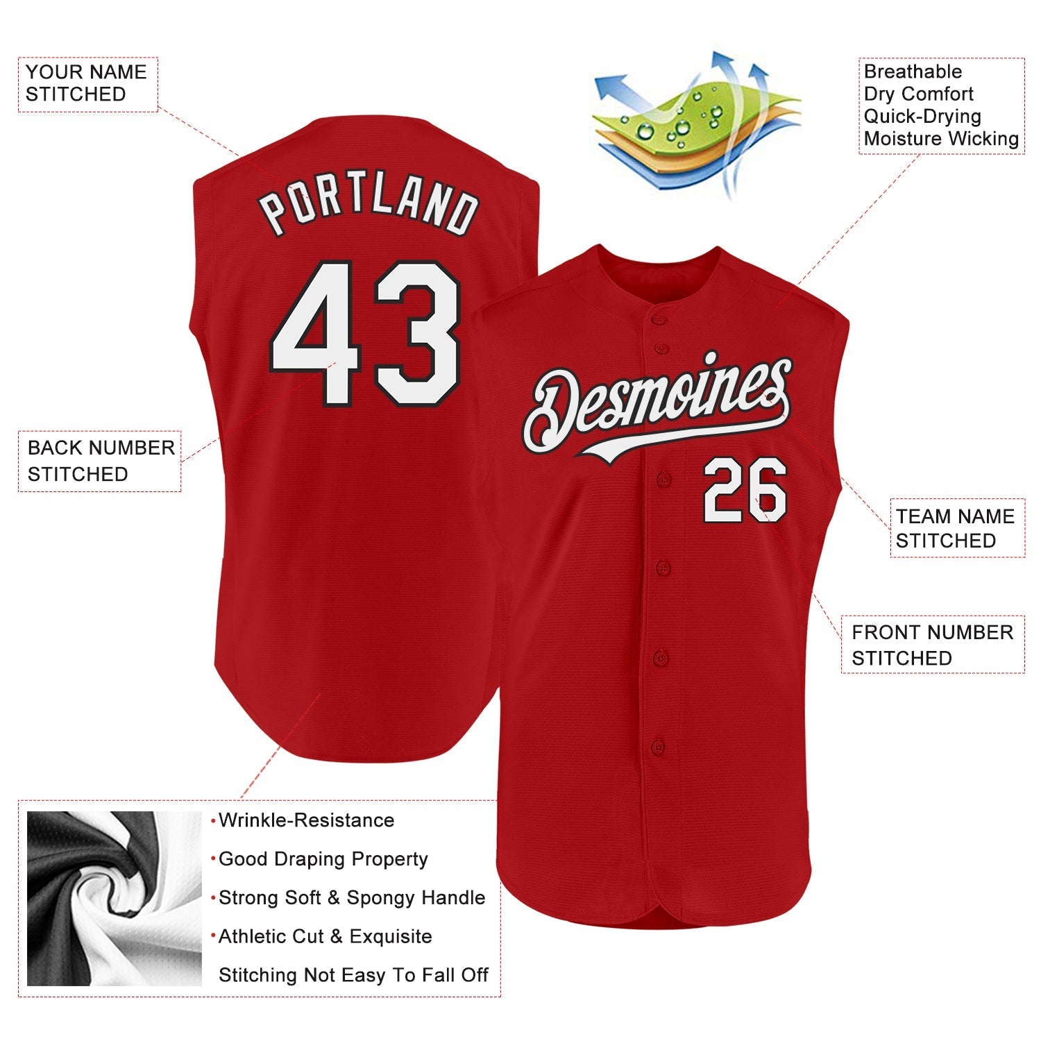 Custom Red White-Black Authentic Sleeveless Baseball Jersey baseball jersey product view 2
