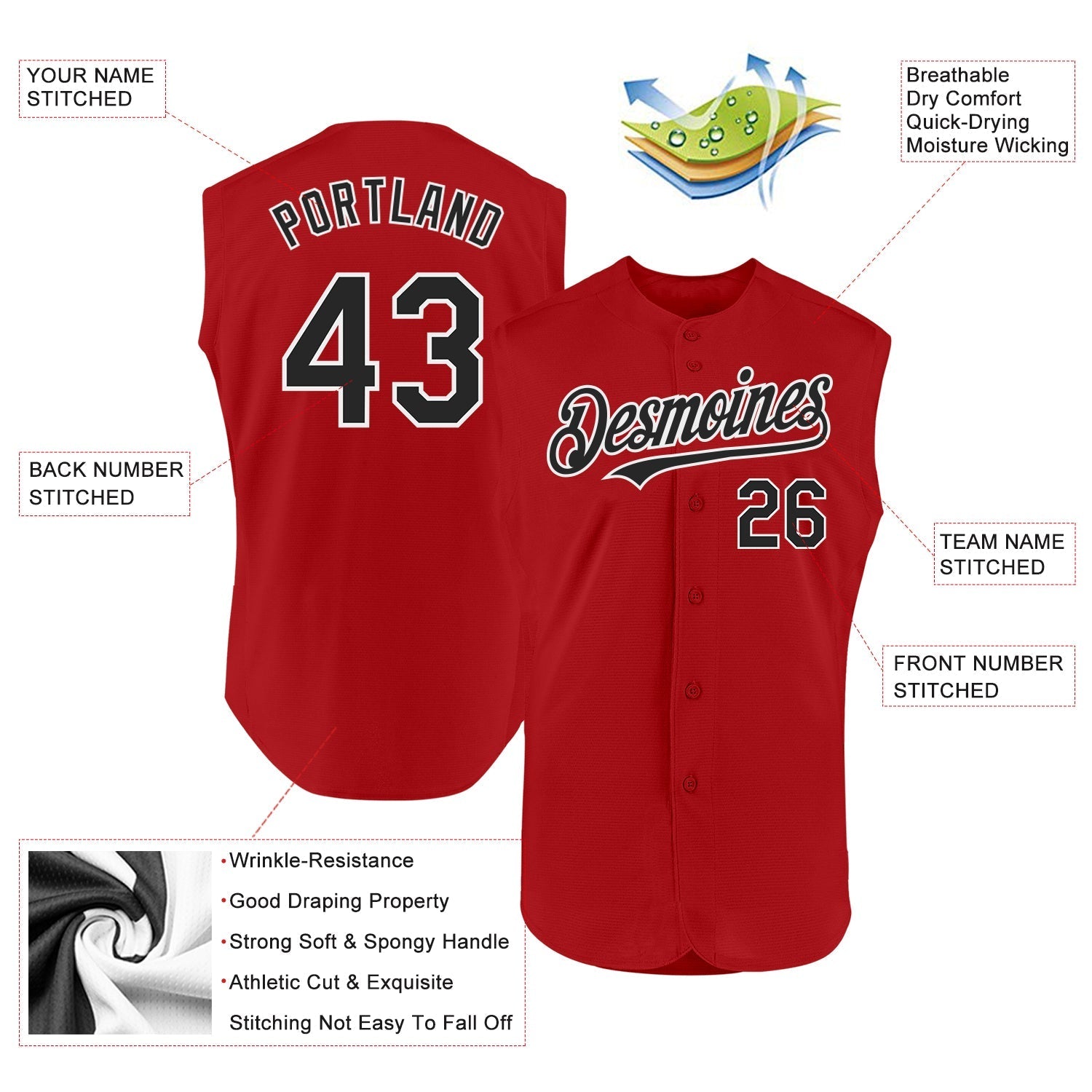 Custom Red Black-White Authentic Sleeveless Baseball Jersey baseball jersey product view 2