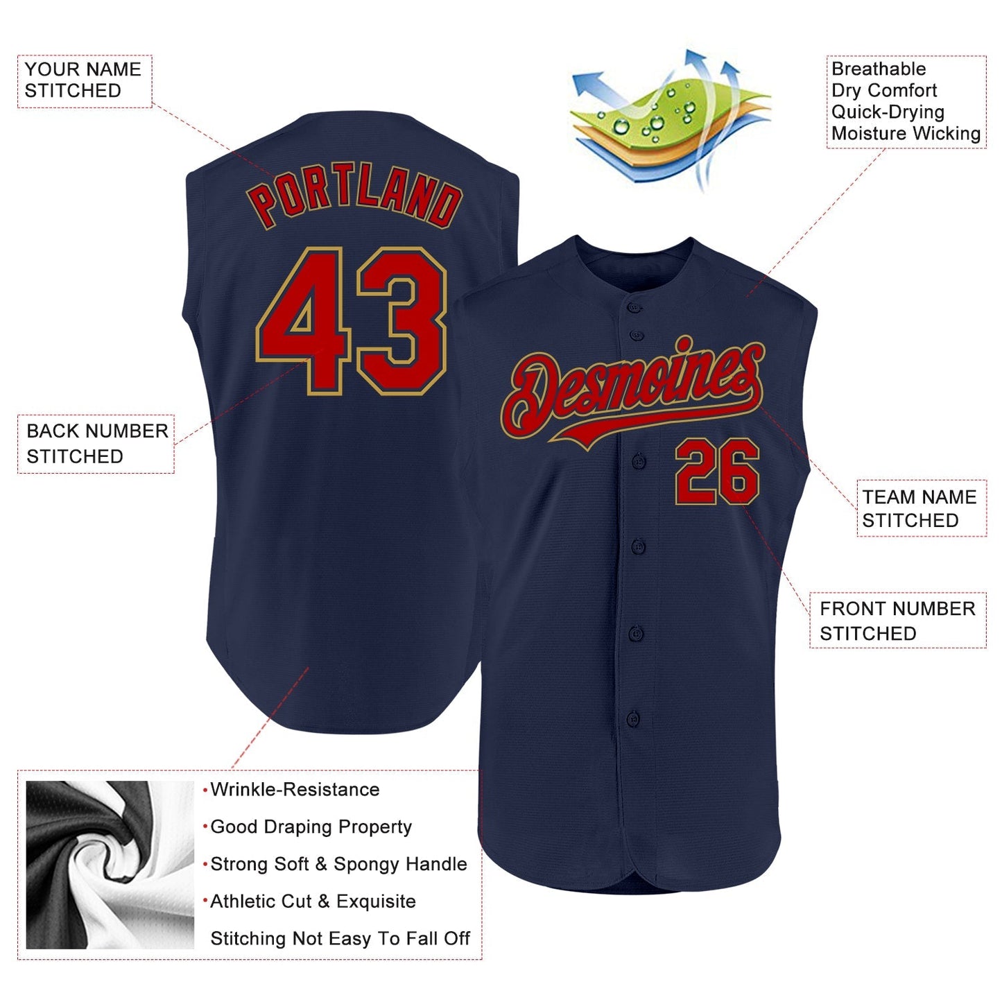 Custom Navy Red-Old Gold Authentic Sleeveless Baseball Jersey baseball jersey product view 2