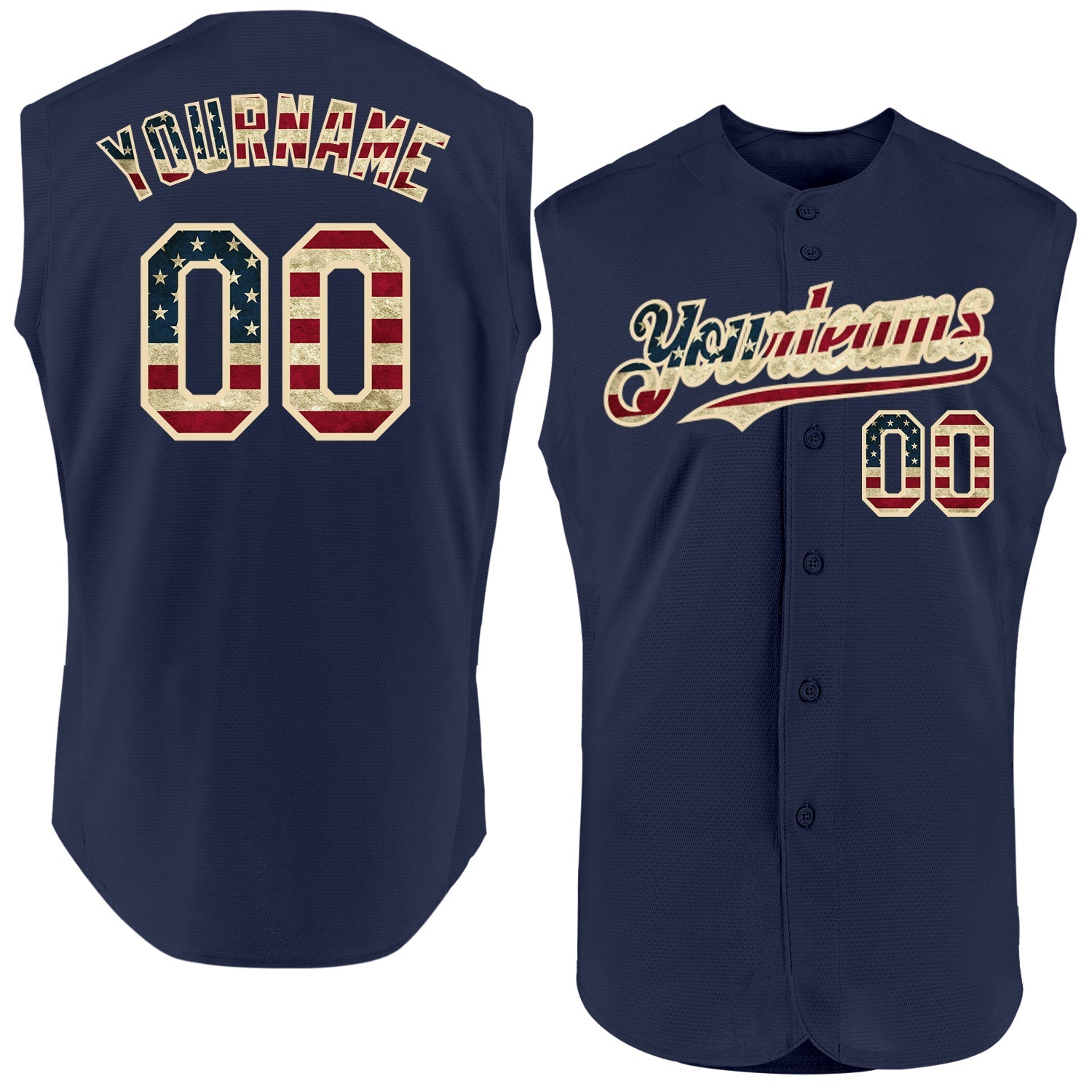 Custom Navy Vintage USA Flag-Cream Authentic Sleeveless Baseball Jersey baseball jersey product view 1