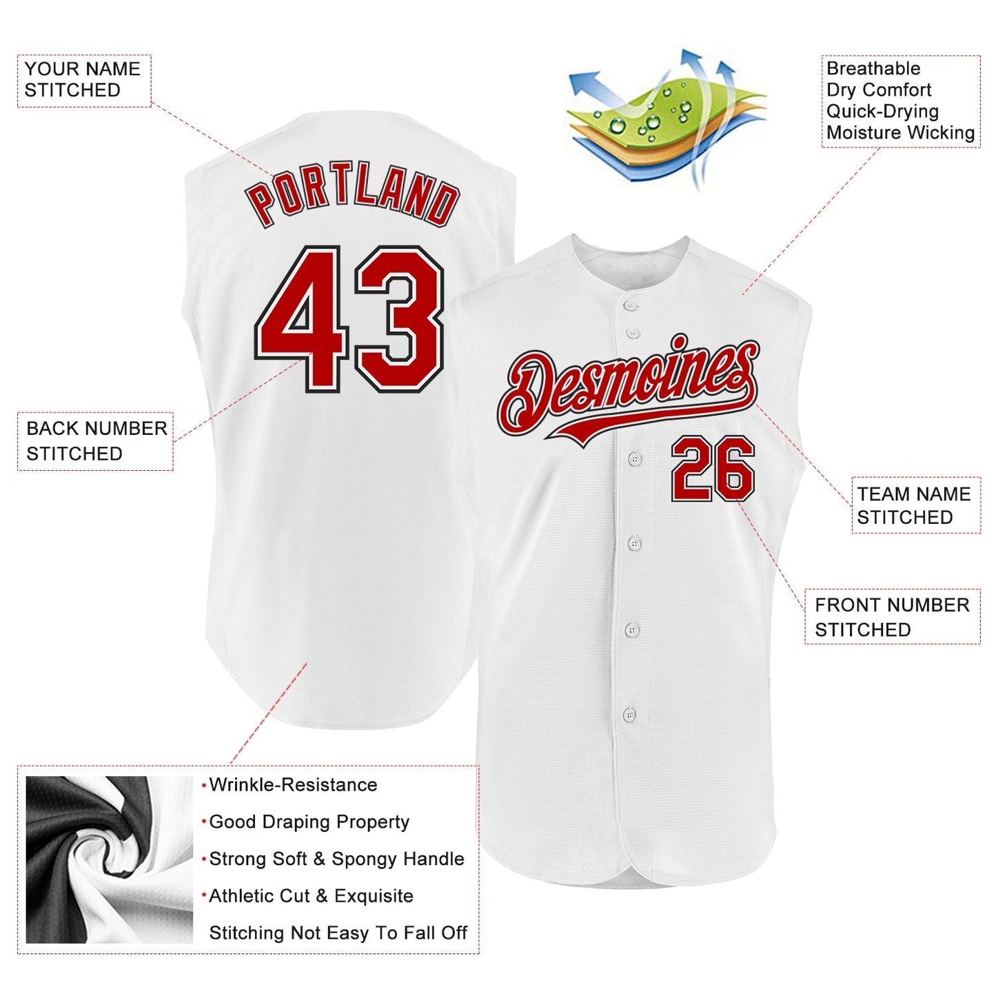 Custom White Red-Black Authentic Sleeveless Baseball Jersey baseball jersey product view 2