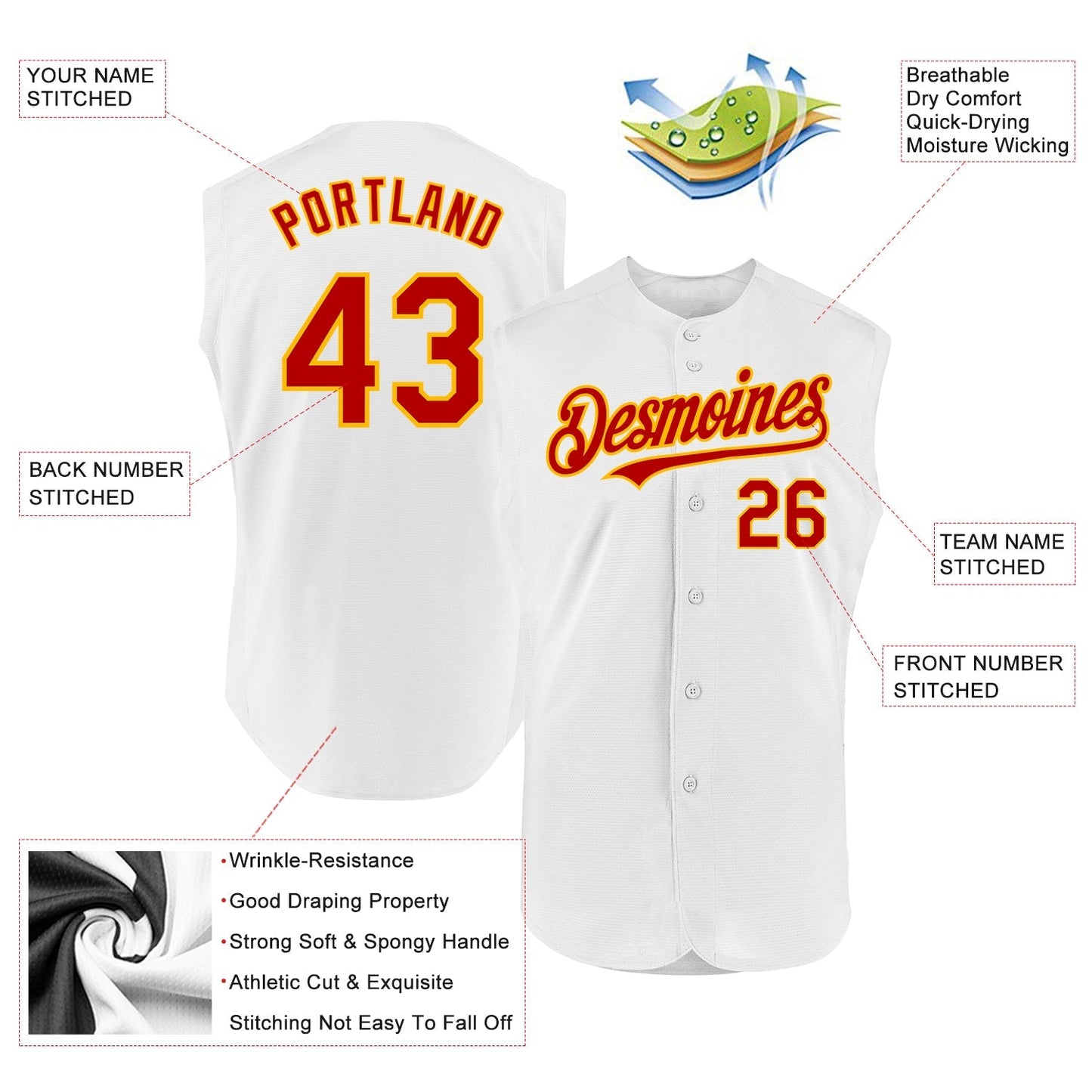Custom White Red-Gold Authentic Sleeveless Baseball Jersey baseball jersey product view 2