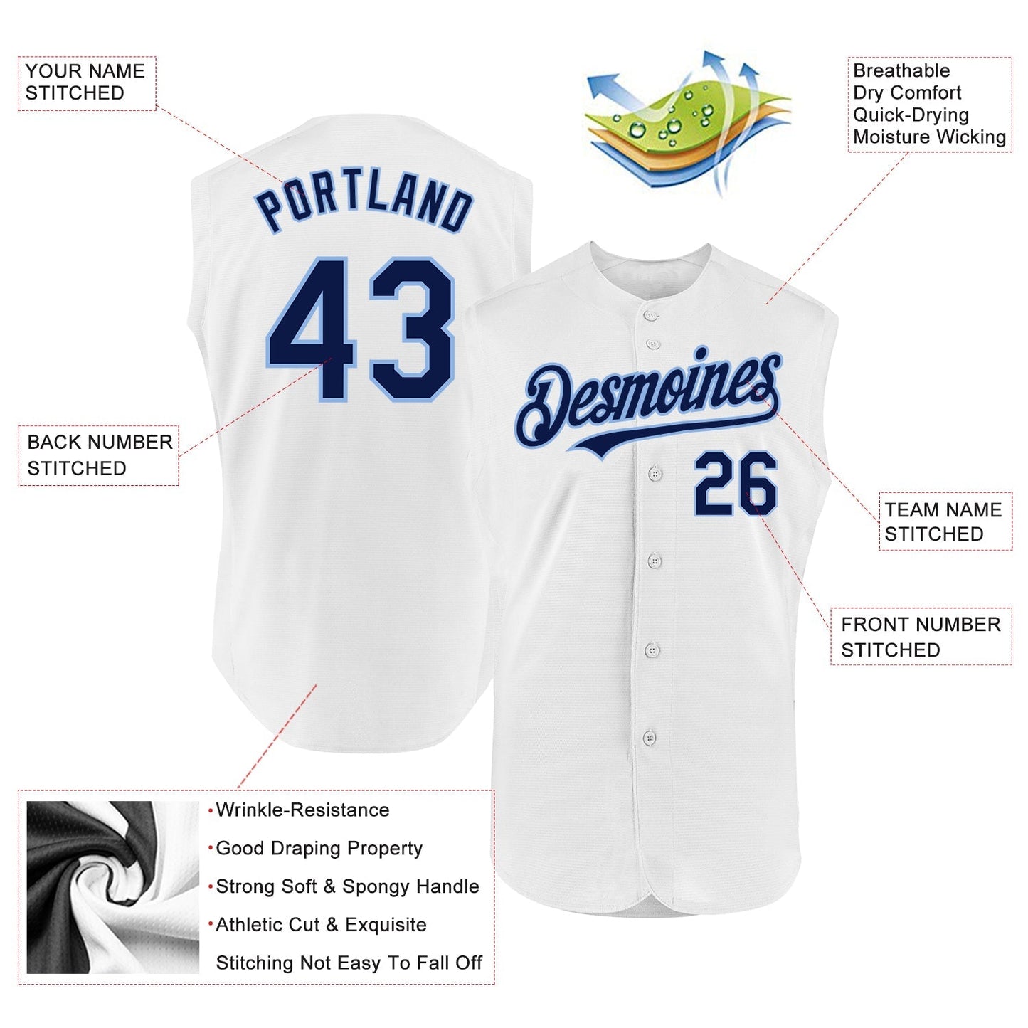 Custom White Navy-Light Blue Authentic Sleeveless Baseball Jersey baseball jersey product view 2
