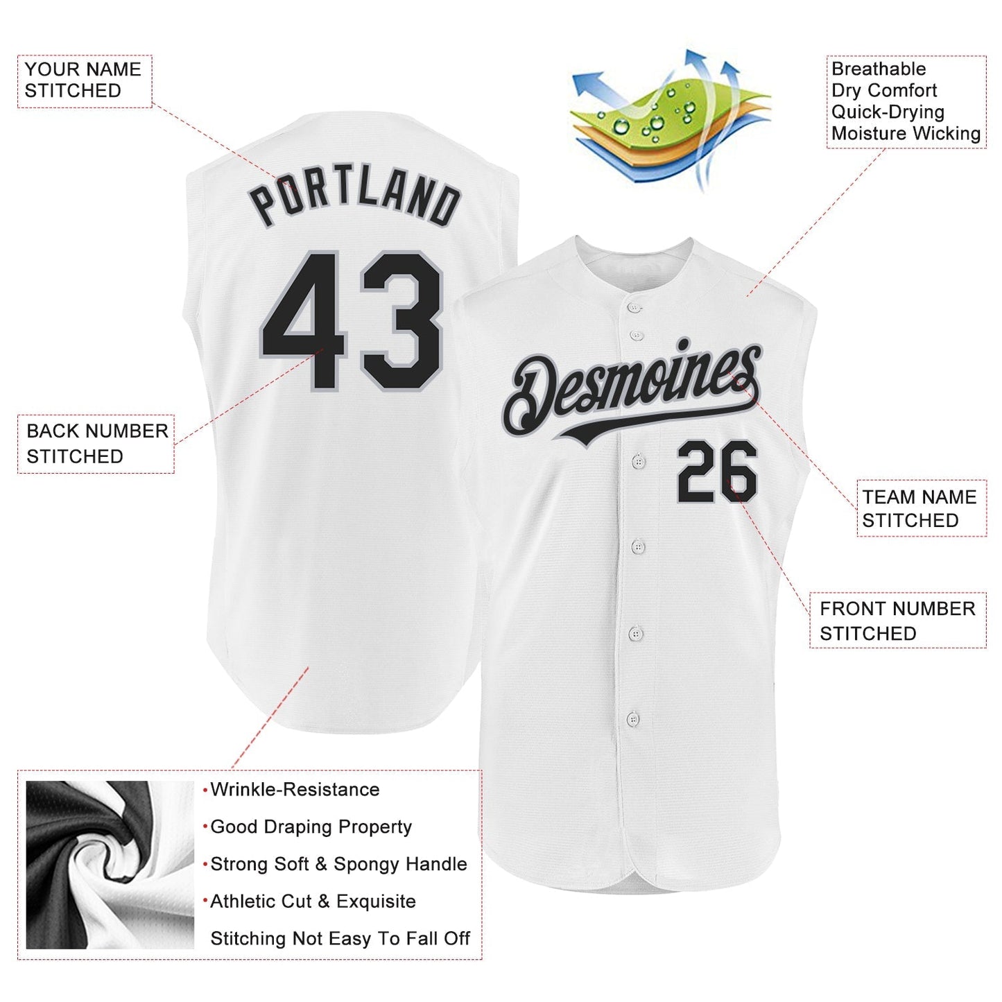 Custom White Black-Gray Authentic Sleeveless Baseball Jersey baseball jersey product view 2