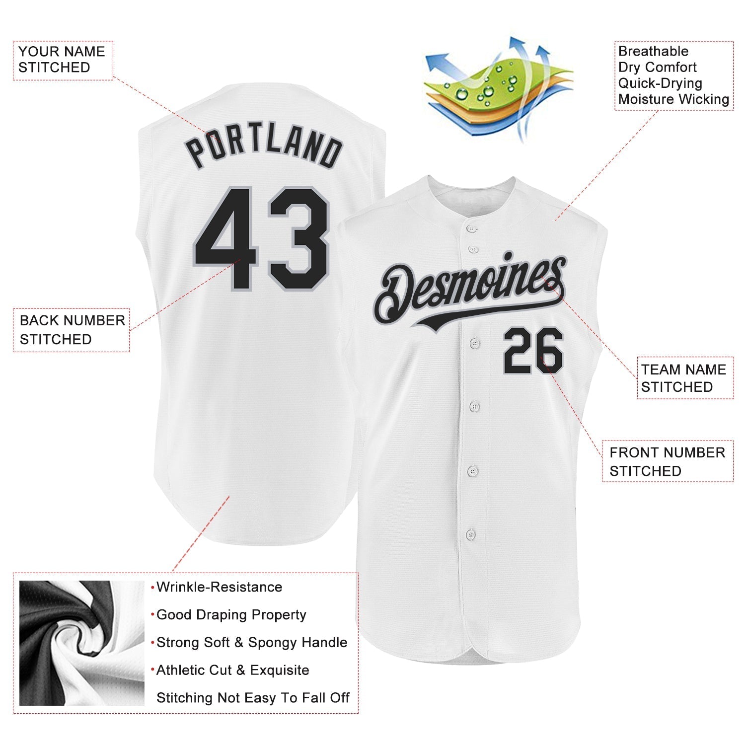 Custom White Black-Gray Authentic Sleeveless Baseball Jersey baseball jersey product view 2