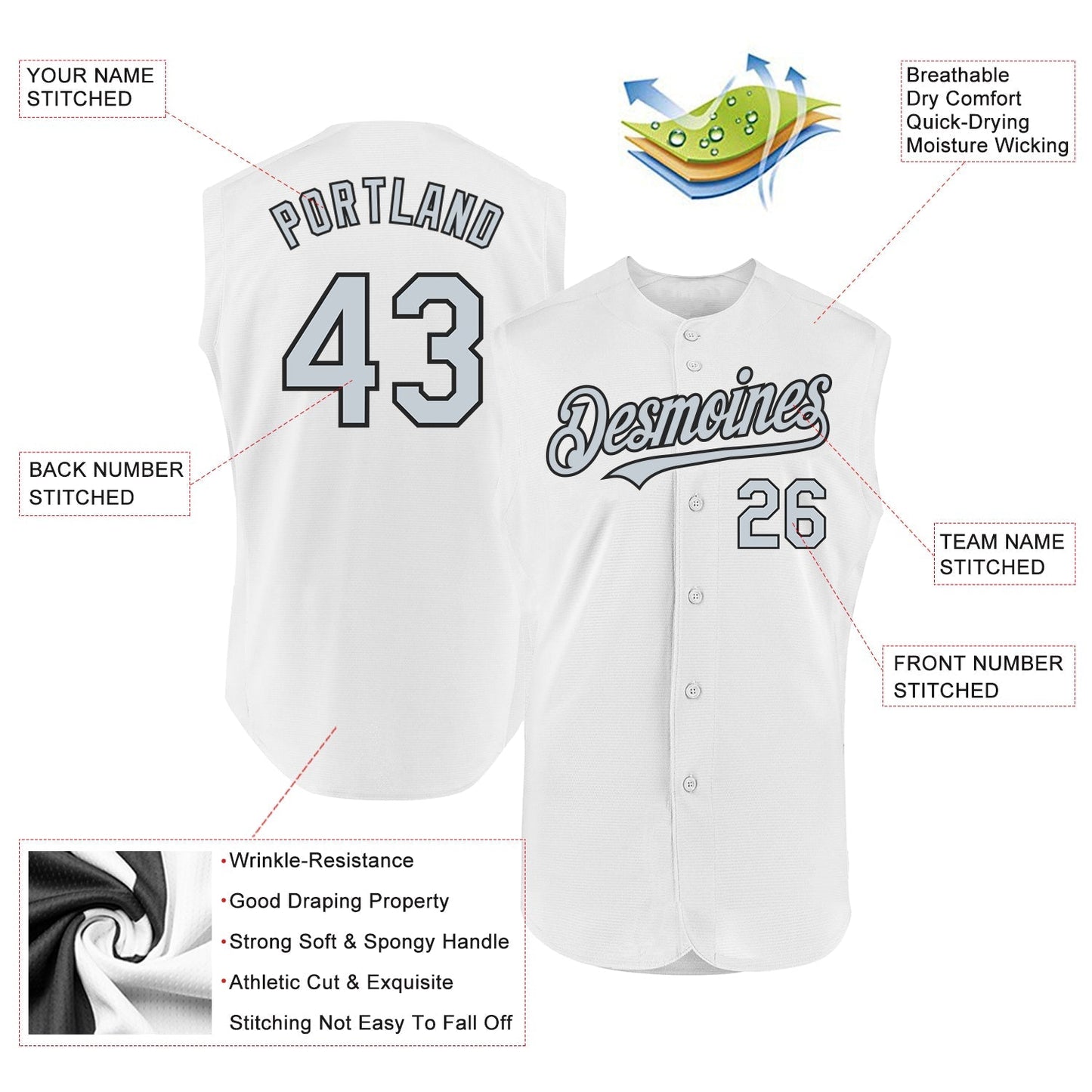 Custom White Silver-Black Authentic Sleeveless Baseball Jersey baseball jersey product view 2