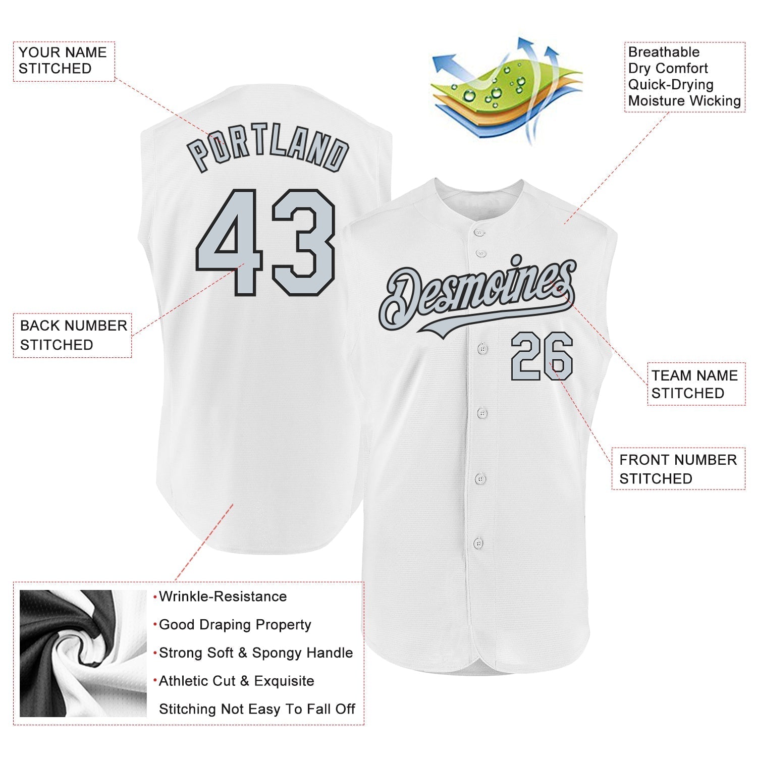Custom White Silver-Black Authentic Sleeveless Baseball Jersey baseball jersey product view 2