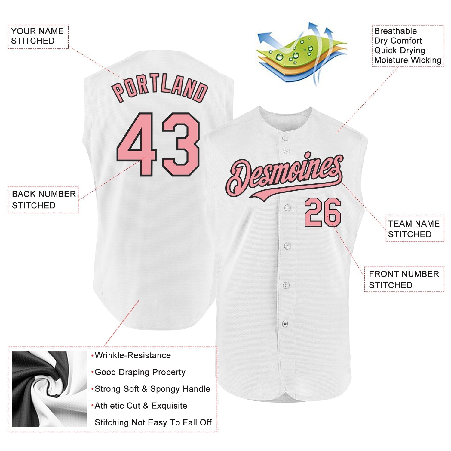 Custom White Medium Pink-Black Authentic Sleeveless Baseball Jersey baseball jersey product view 2