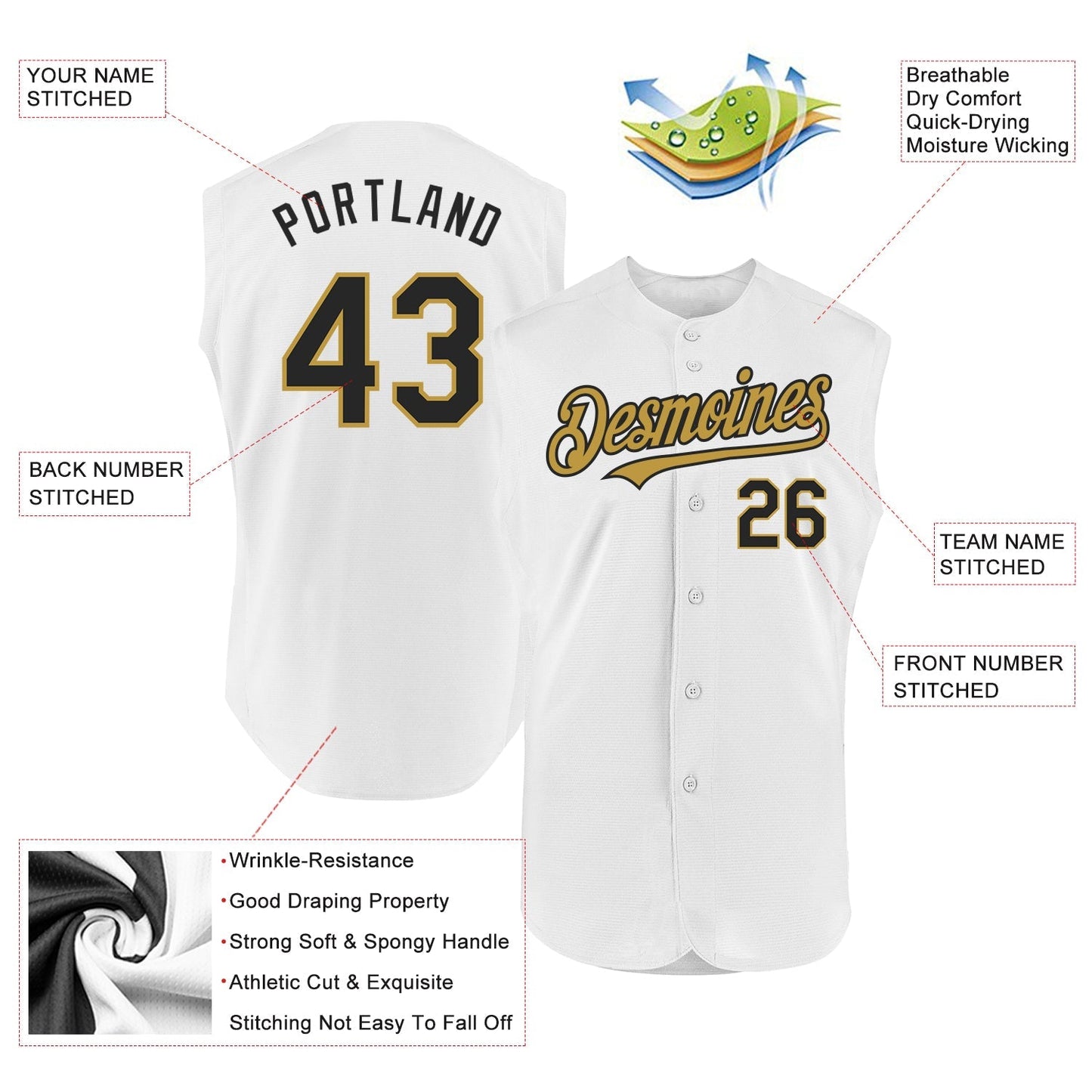 Custom White Black-Old Gold Authentic Sleeveless Baseball Jersey baseball jersey product view 2