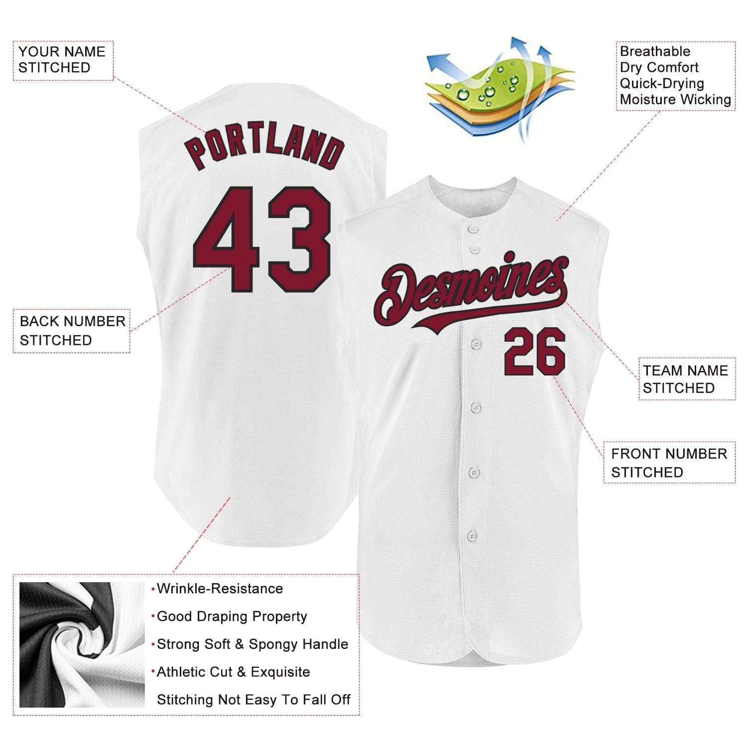 Custom White Crimson-Black Authentic Sleeveless Baseball Jersey baseball jersey product view 2