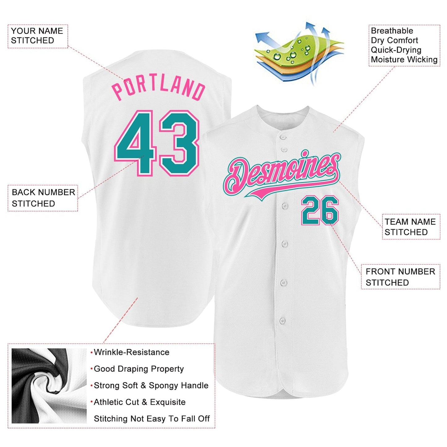Custom White Teal-Pink Authentic Sleeveless Baseball Jersey baseball jersey product view 2
