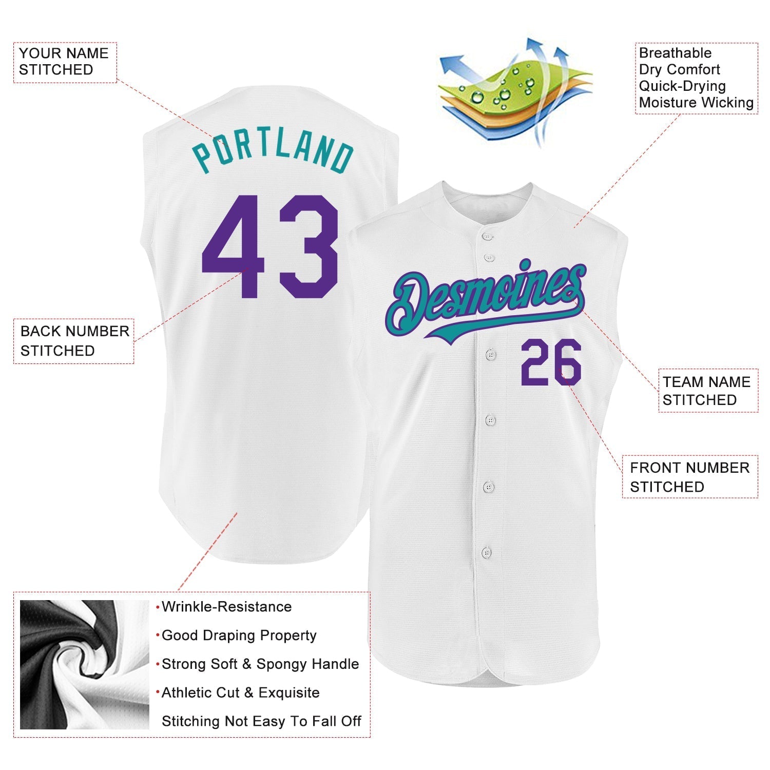 Custom White Purple-Teal Authentic Sleeveless Baseball Jersey baseball jersey product view 2