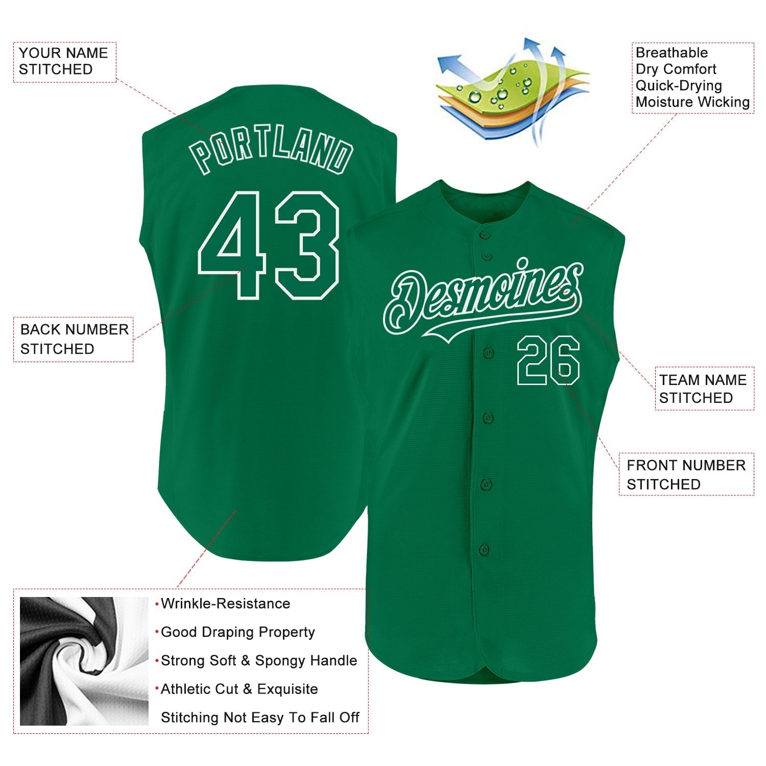 Custom Kelly Green White Authentic Sleeveless Baseball Jersey baseball jersey product view 2