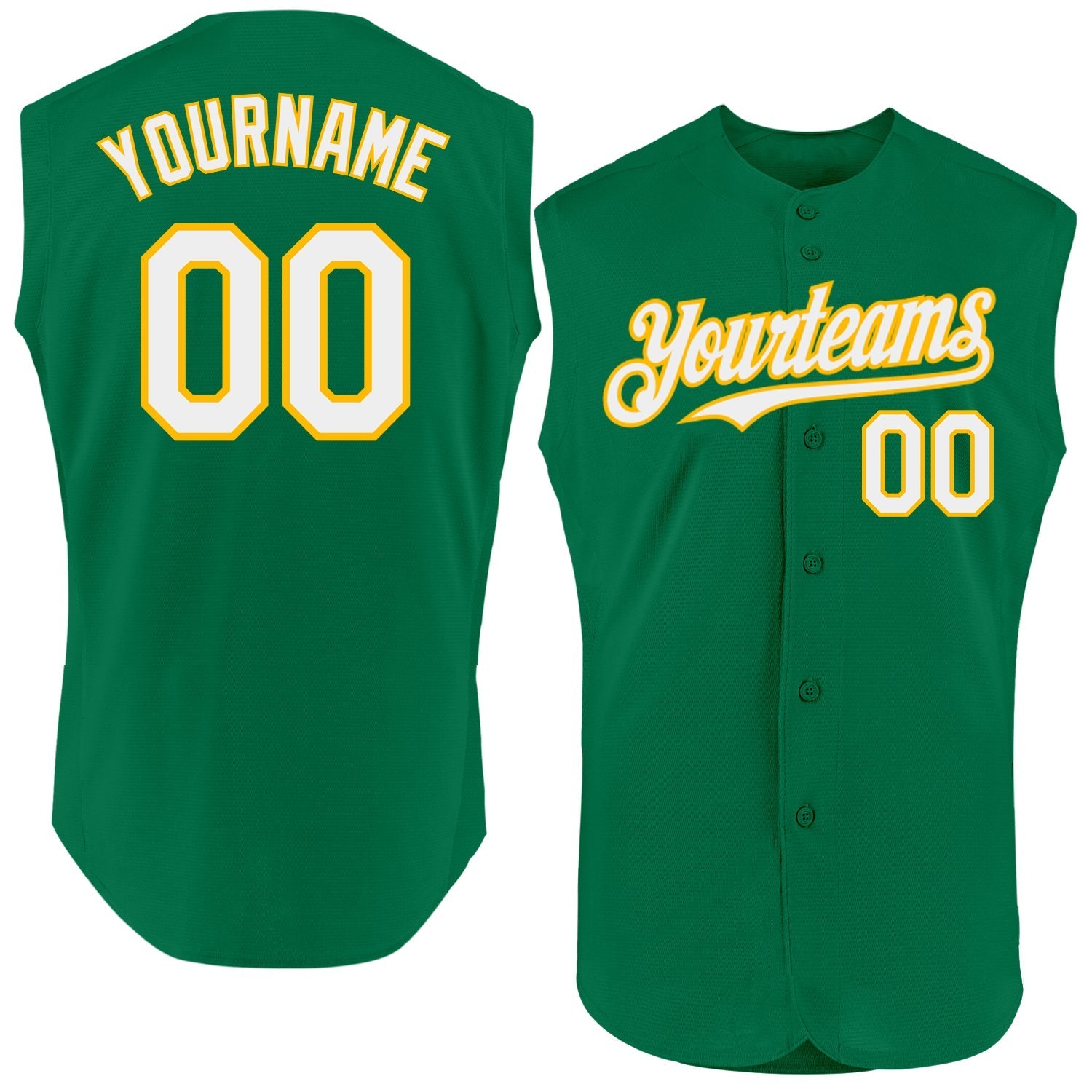 Custom Kelly Green White-Gold Authentic Sleeveless Baseball Jersey baseball jersey product view 1