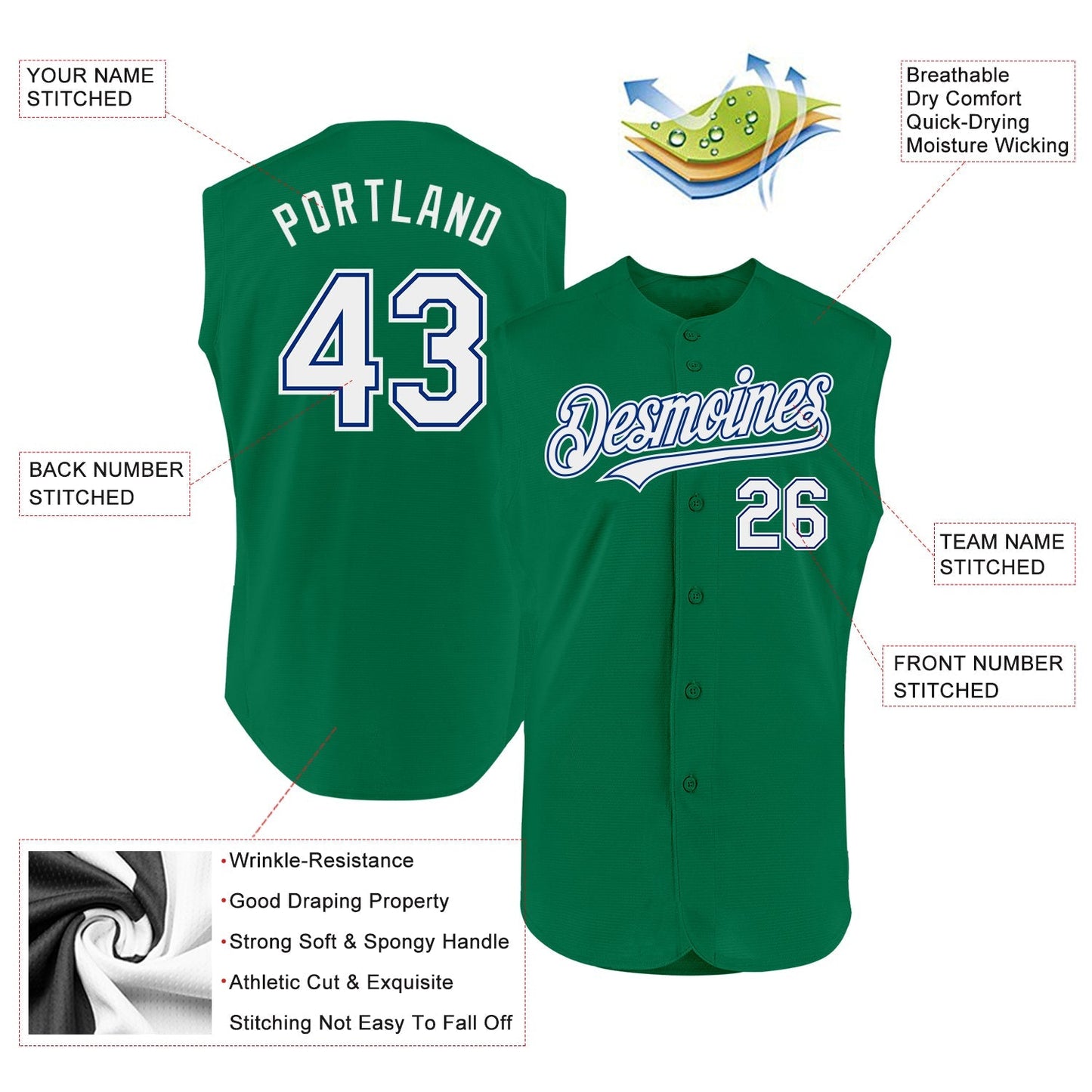 Custom Kelly Green White-Royal Authentic Sleeveless Baseball Jersey baseball jersey product view 2