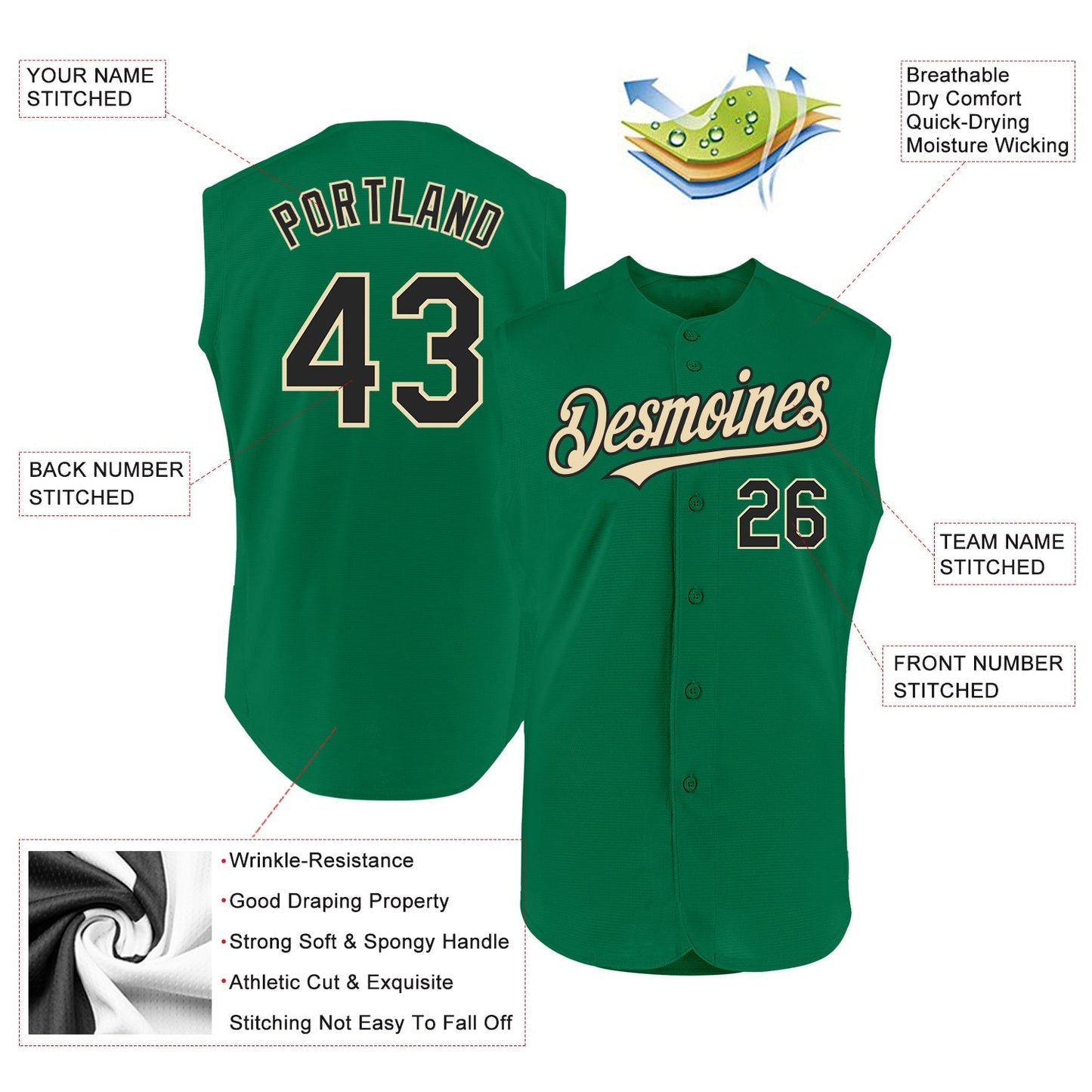 Custom Kelly Green Black-Cream Authentic Sleeveless Baseball Jersey baseball jersey product view 2